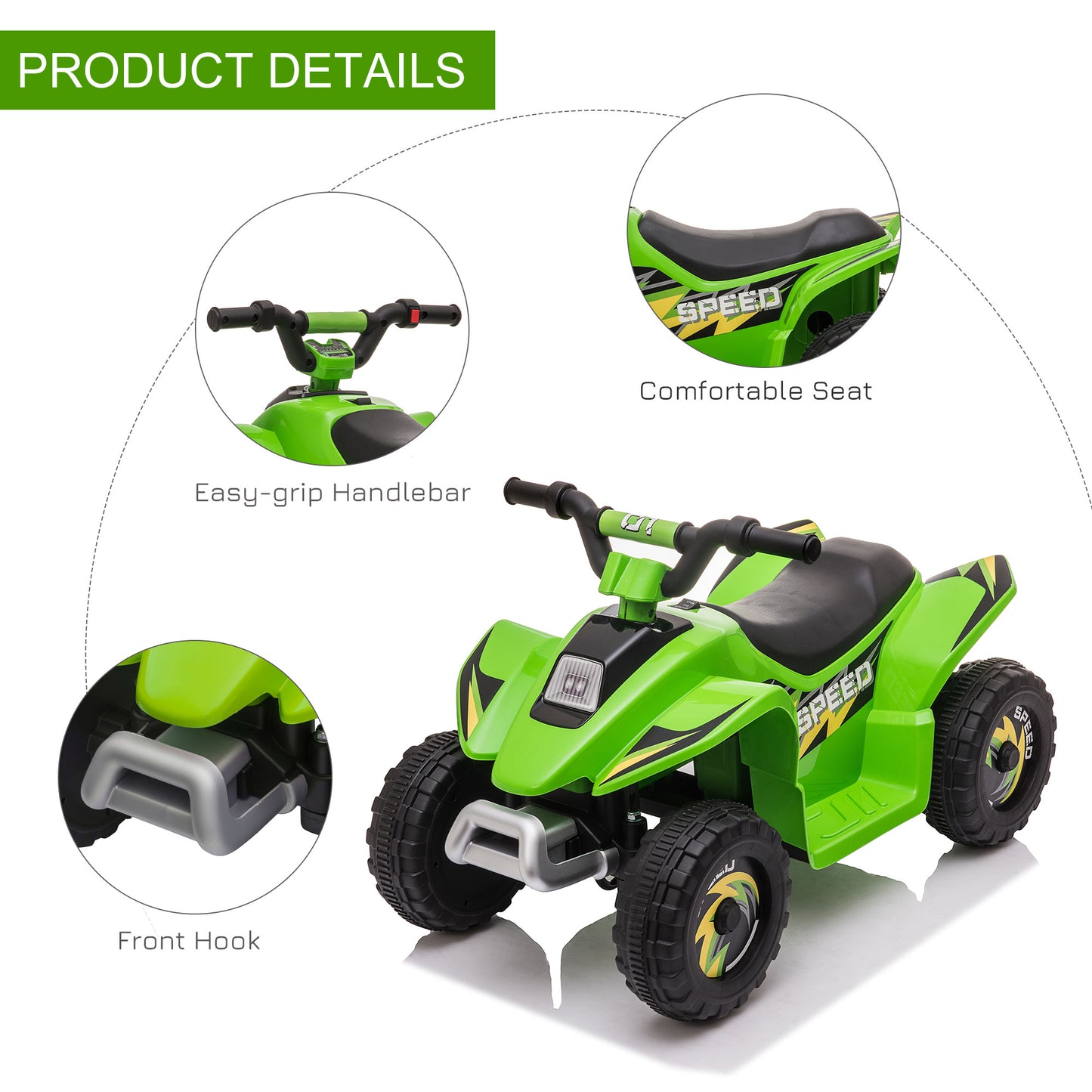 Aosom Kids Ride on ATV, 6V Battery Powered Quad Car with Forward, Reverse Switch, for Boys Girls 18-36 Months, Green