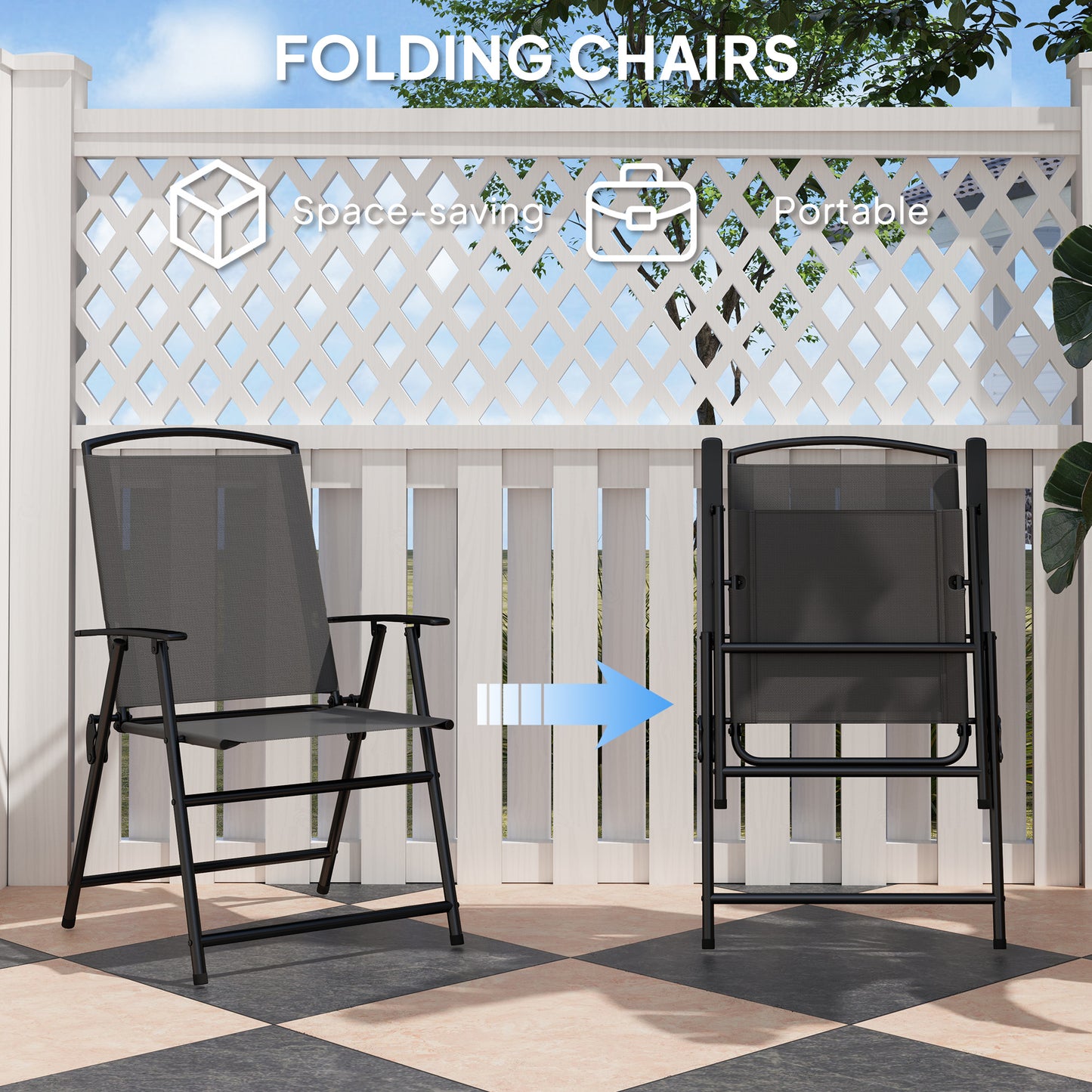 Outsunny 5 Pieces Outdoor Patio Dining Set with Glass Top Table and 4 Mesh Folding Chairs, Small Outdoor Patio Furniture, Grey