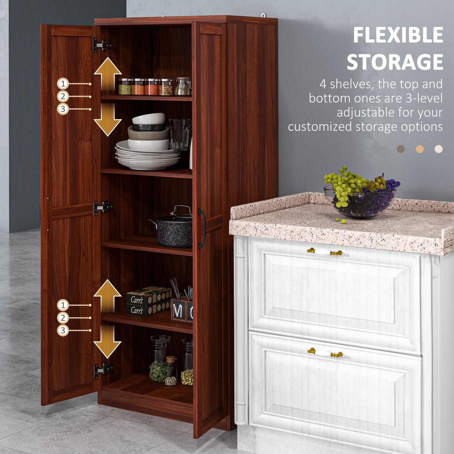 HOMCOM 63" Kitchen Storage Cabinet, 5-tier Pantry Cabinet with Doors and Adjustable Shelves for Dining Room, Distressed White