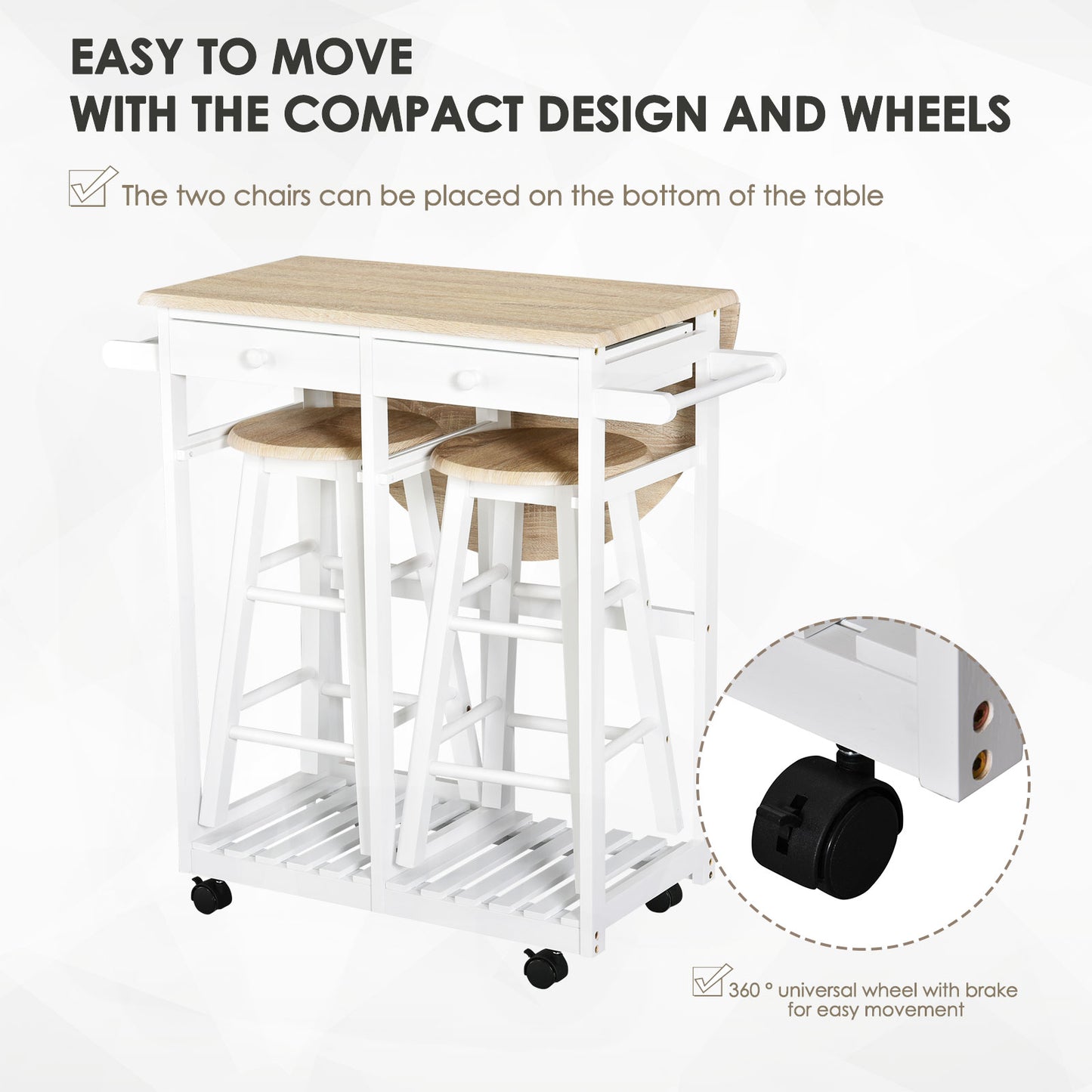 HOMCOM Kitchen Trolley 3 Piece Kitchen Cart Set Drop Leaf Breakfast Table and 2 Stools w/ Rolling Wheels & Towel Bars, Wood & White
