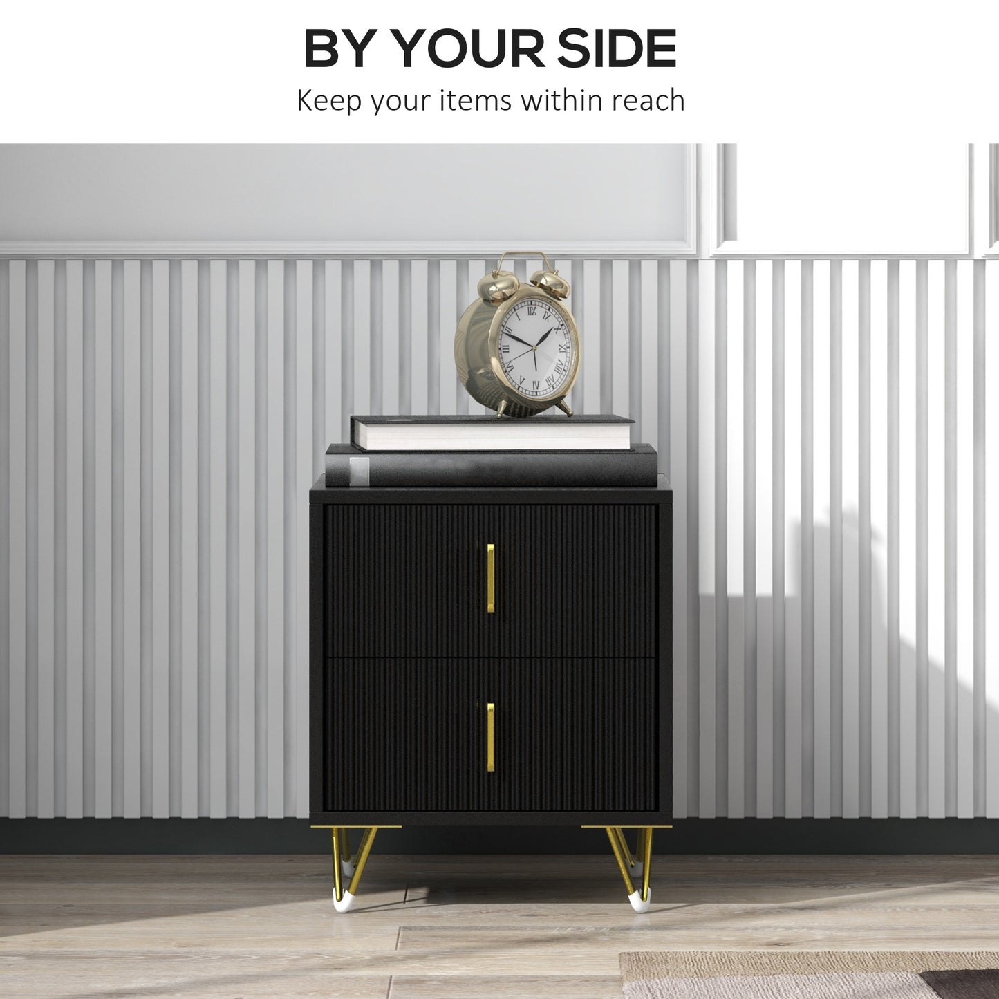 HOMCOM Bedside Table, Modern Nightstand with 2 Drawers, Side End Table with Metal Legs for Living Room, Bedroom, Black