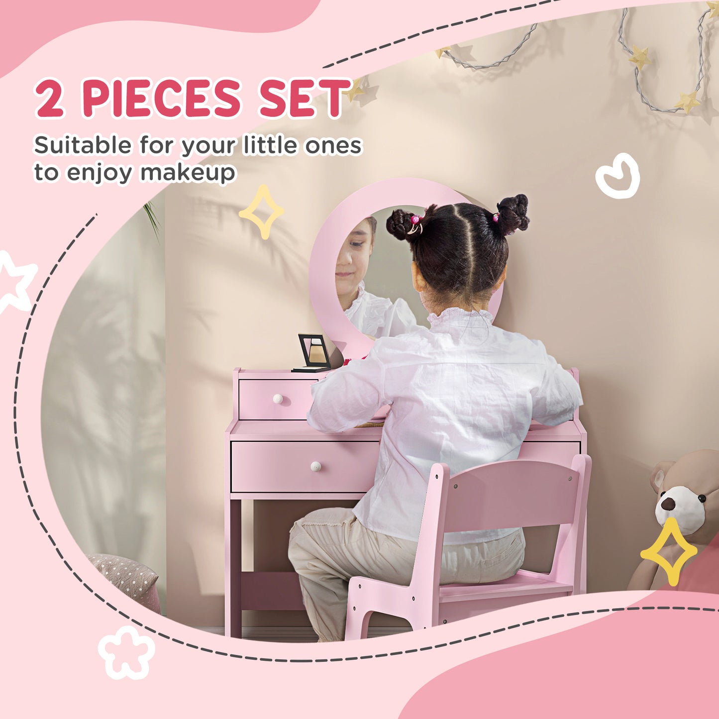 Qaba Kids Vanity Set, Dual-Use Dressing Table with Removable Tri-Folding Mirror and Drawer, for Ages 3-8, Pink