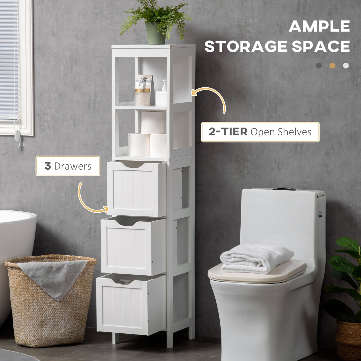 kleankin Narrow Bathroom Cabinet with 3 Drawers and 2 Tier Shelf, Tall Cupboard Freestanding Linen Tower, White