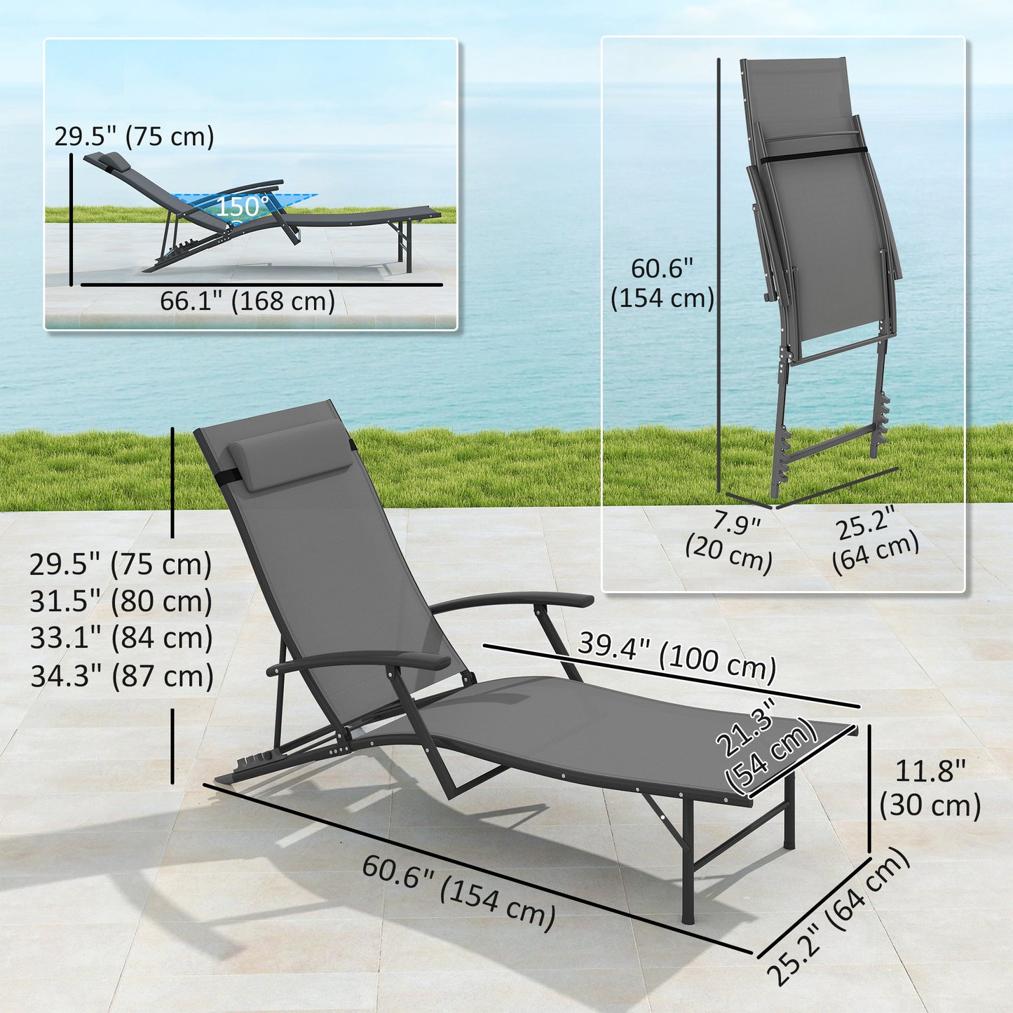 Outsunny Folding Chaise Lounge Chair Set of 2, Reclining Outdoor Lounge Chair Set with Quick Drying Pad Headrest Side Pocket, Tanning Chair Set for Beach Garden Pool, Light Grey