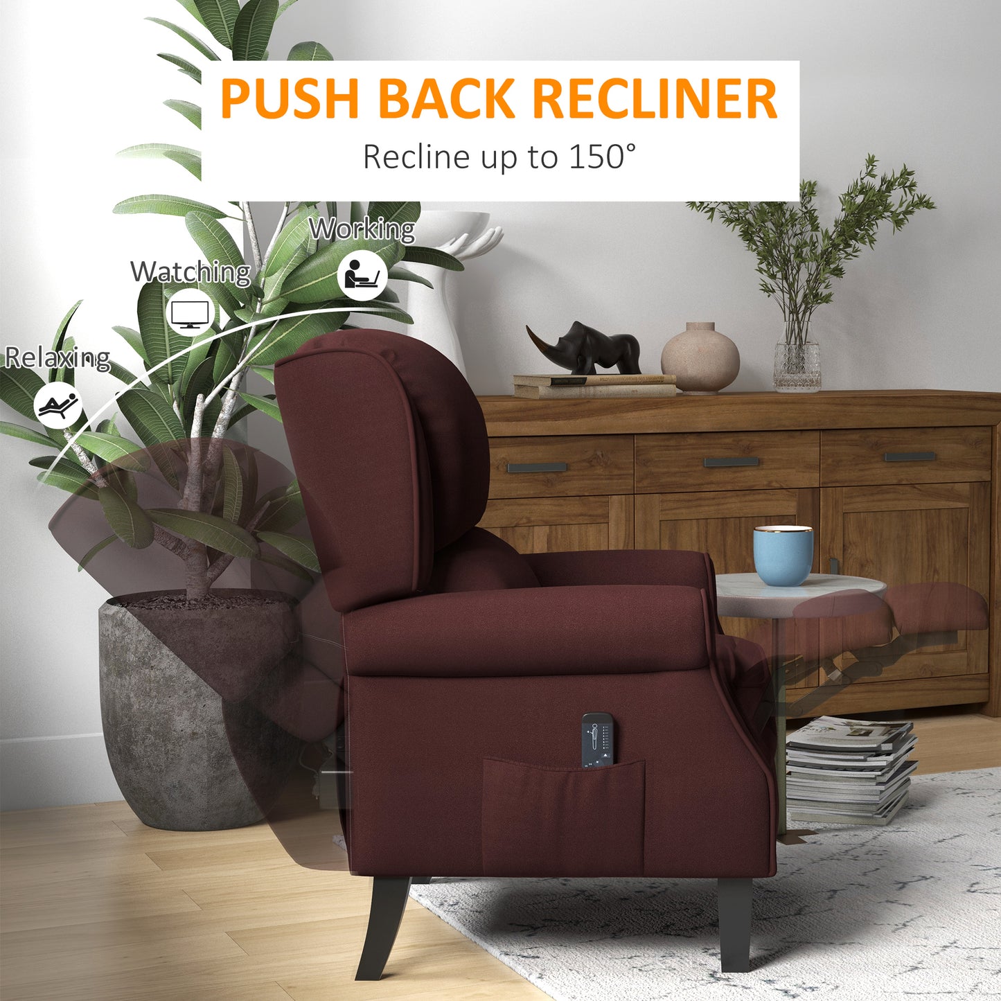 HOMCOM Massage Recliner Chair for Living Room, Push Back Recliner Sofa, Suede Wingback Reclining Chair with Extendable Footrest, Wood Legs, Remote Control, Side Pockets, Black