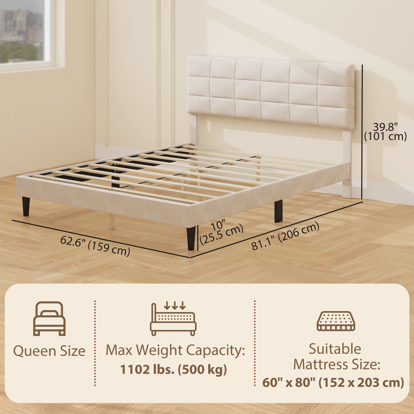 HOMCOM Queen Size Bed Frame with Upholstered Headboard, Modern Platform Bed Frame with Wood Slats, 1100 lbs Capacity, Cream