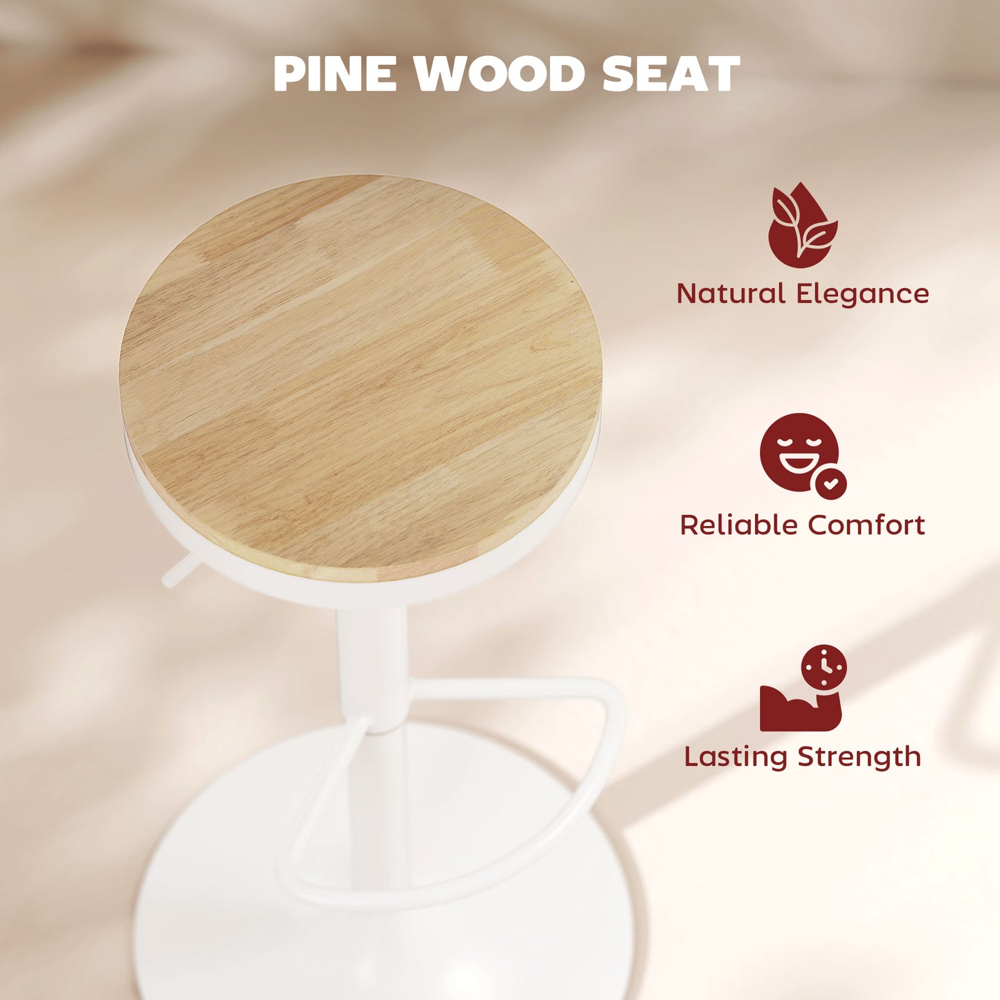 HOMCOM Wood Barstools Set of 2, Swivel Bar Stools with Adjustable Height for Kitchen Counter, Natural Wood and White