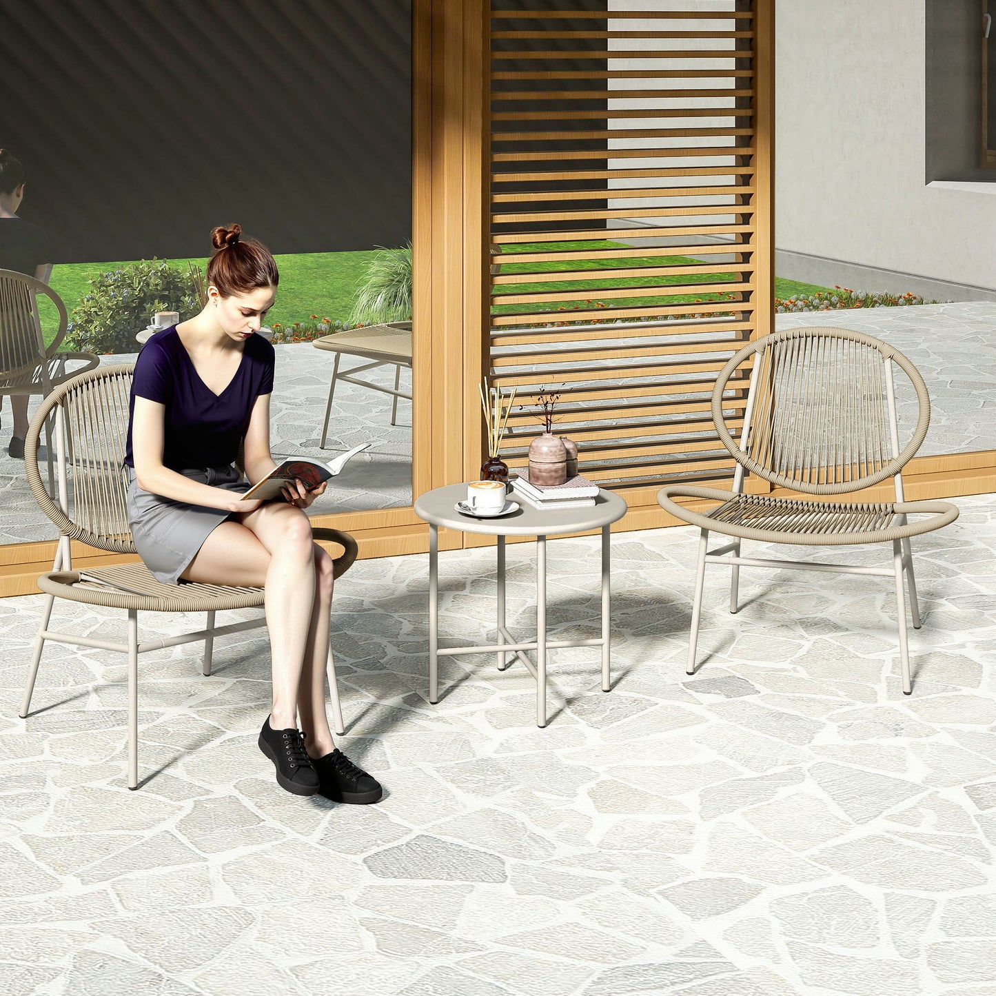 Outsunny Rattan Bistro Set, 3 Pieces Wicker Patio Furniture Set, Acapulco Chairs and Steel Table for Porch, Balcony, Black