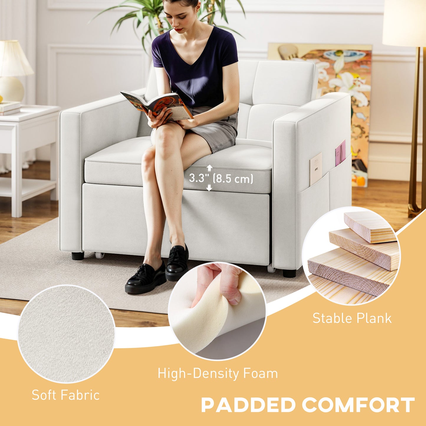 HOMCOM Convertible Chair Bed, Pull Out Sleeper Chair with USB, Adjustable Backrest, Small Velvet Futon Sofa Bed, Grey