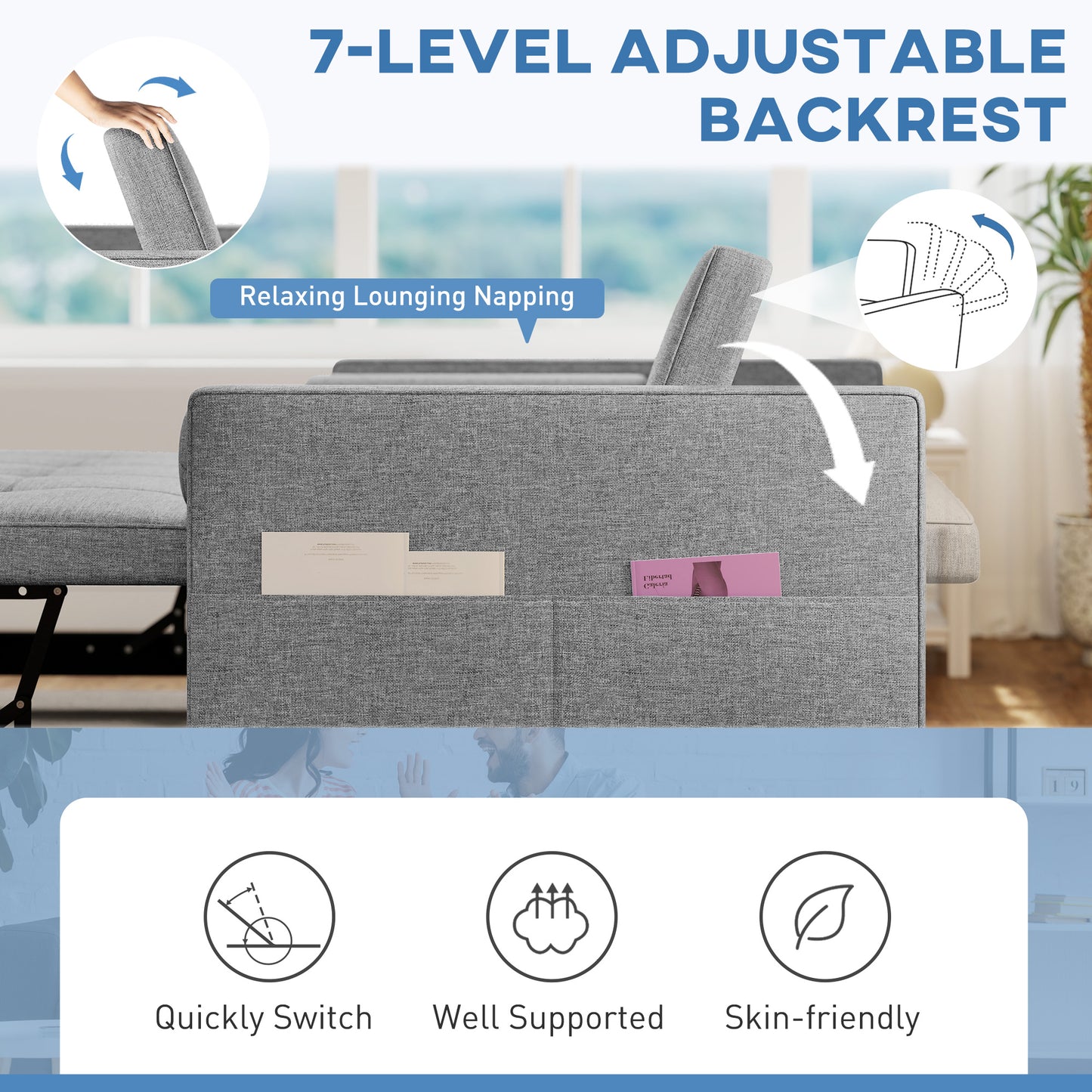 HOMCOM Pull Out Sofa Bed, Sleeper Sofa Couch with USB‑A+C, Small Linen Loveseat Futon Couch for Living Room, Grey