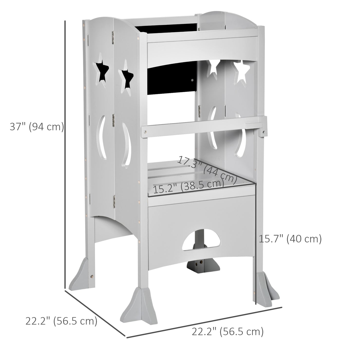 Qaba Kids Kitchen Helper Foldable Step Stool Toddler Kitchen Stool with Blackboard Lockable Handrail for 3-6 Years old Grey
