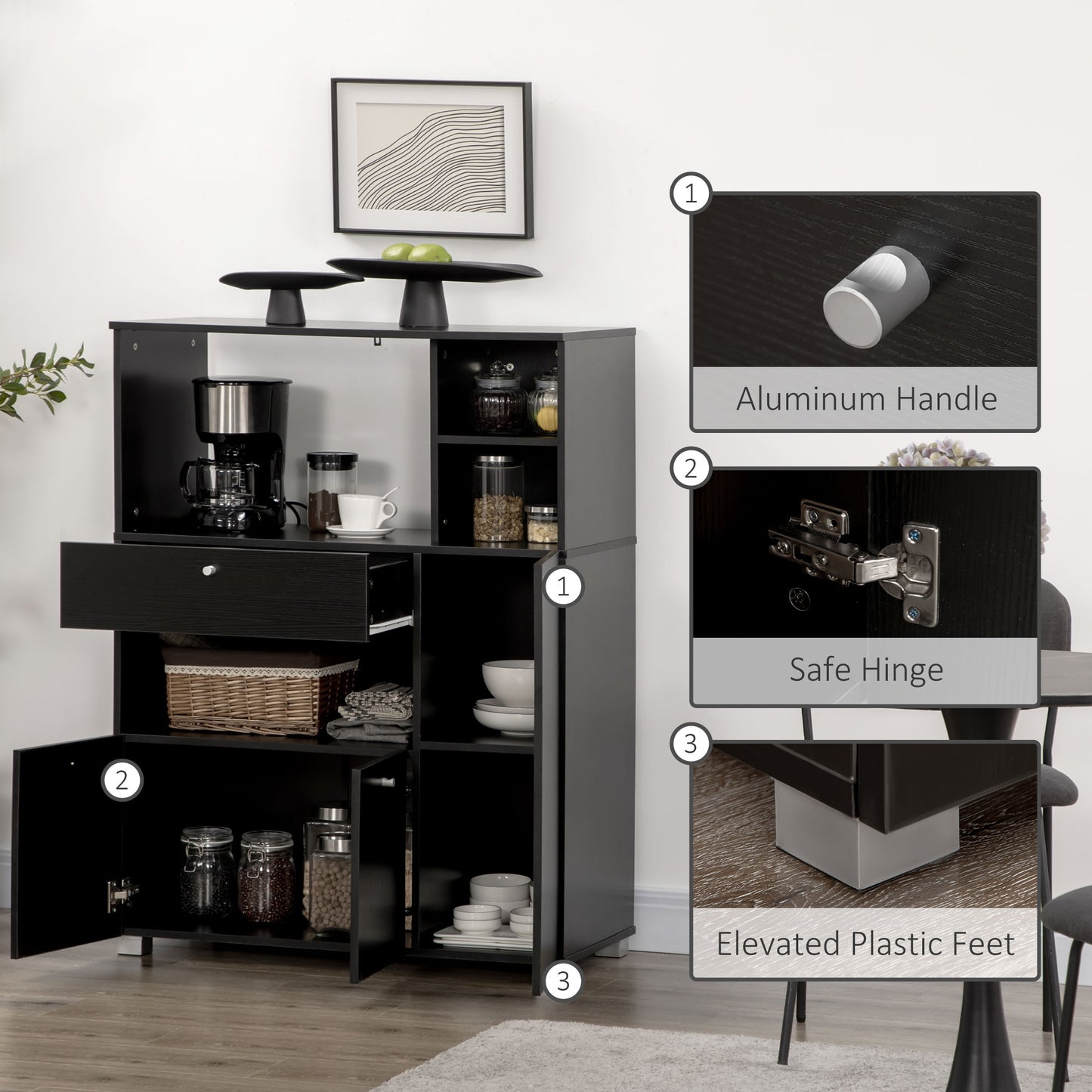 HOMCOM Compact Kitchen Pantry Cabinet Server Hutch Storage Buffet with Microwave Oven Stand Drawer and Shelves, White