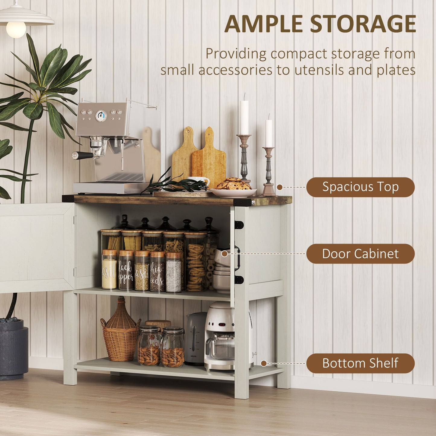HOMCOM Farmhouse Kitchen Storage Cabinet, Free Standing Sideboard Console Table with Barn Doors, Bottom Shelf, White