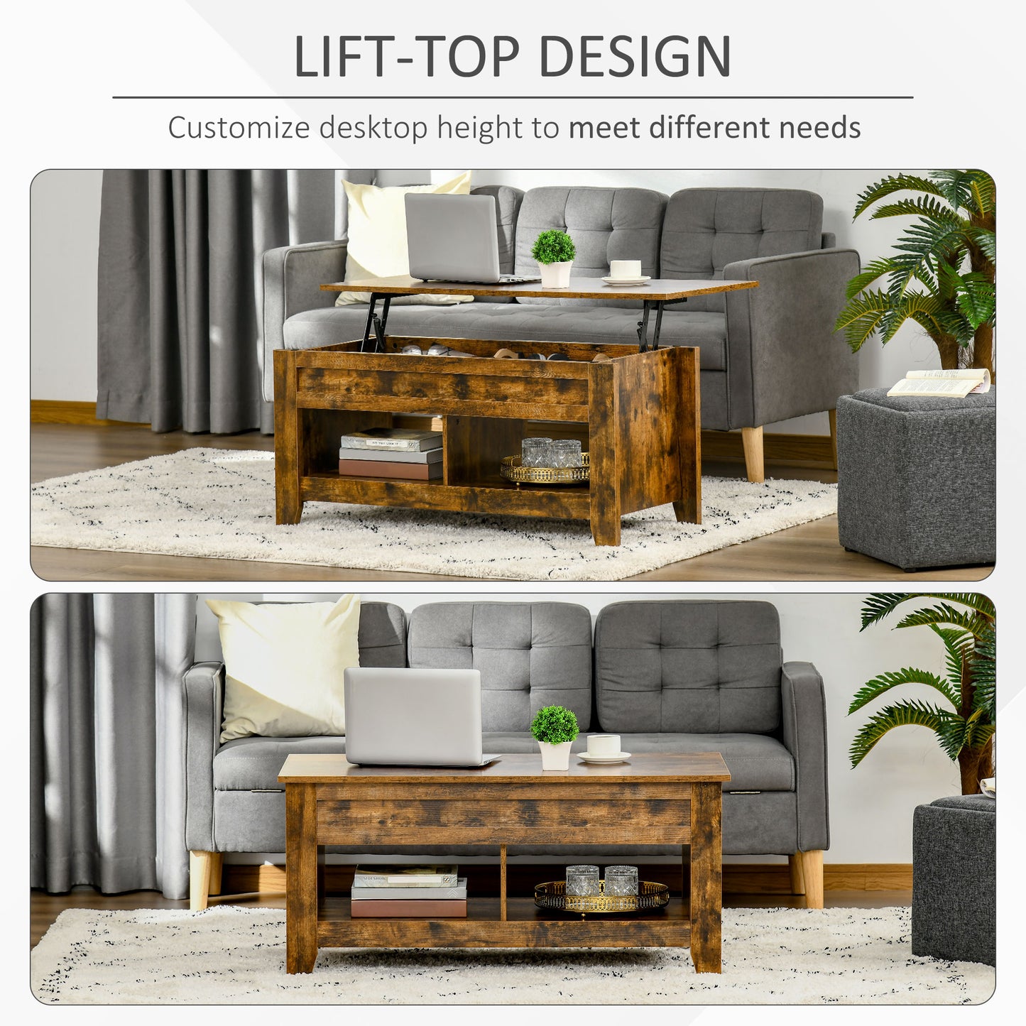HOMCOM Lift Top Coffee Table with Hidden Storage Compartment and Open Shelves, Lift Tabletop Pop-Up Center Table for Living Room, White