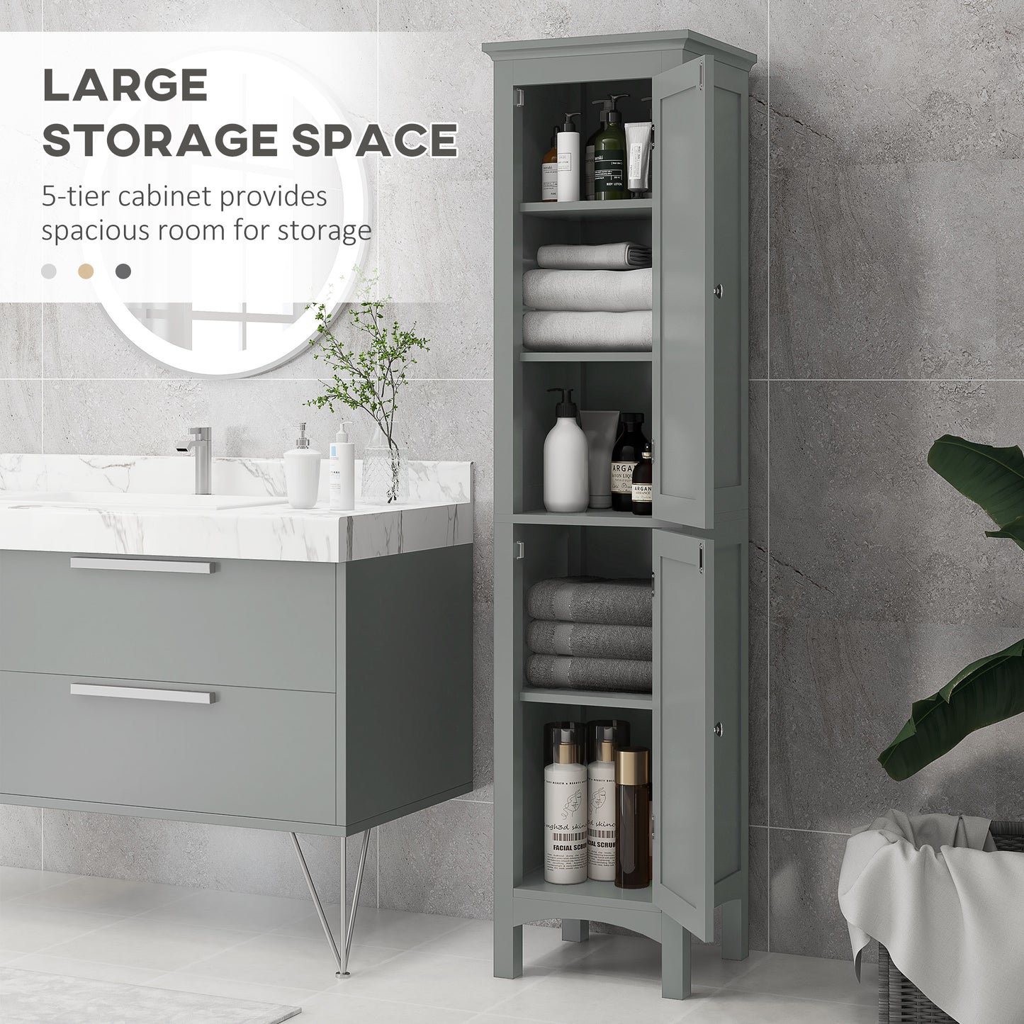 kleankin Tall Bathroom Cabinet, Freestanding Storage Organizer with Adjustable Shelves and Cupboards, 15" x 13" x 63", White