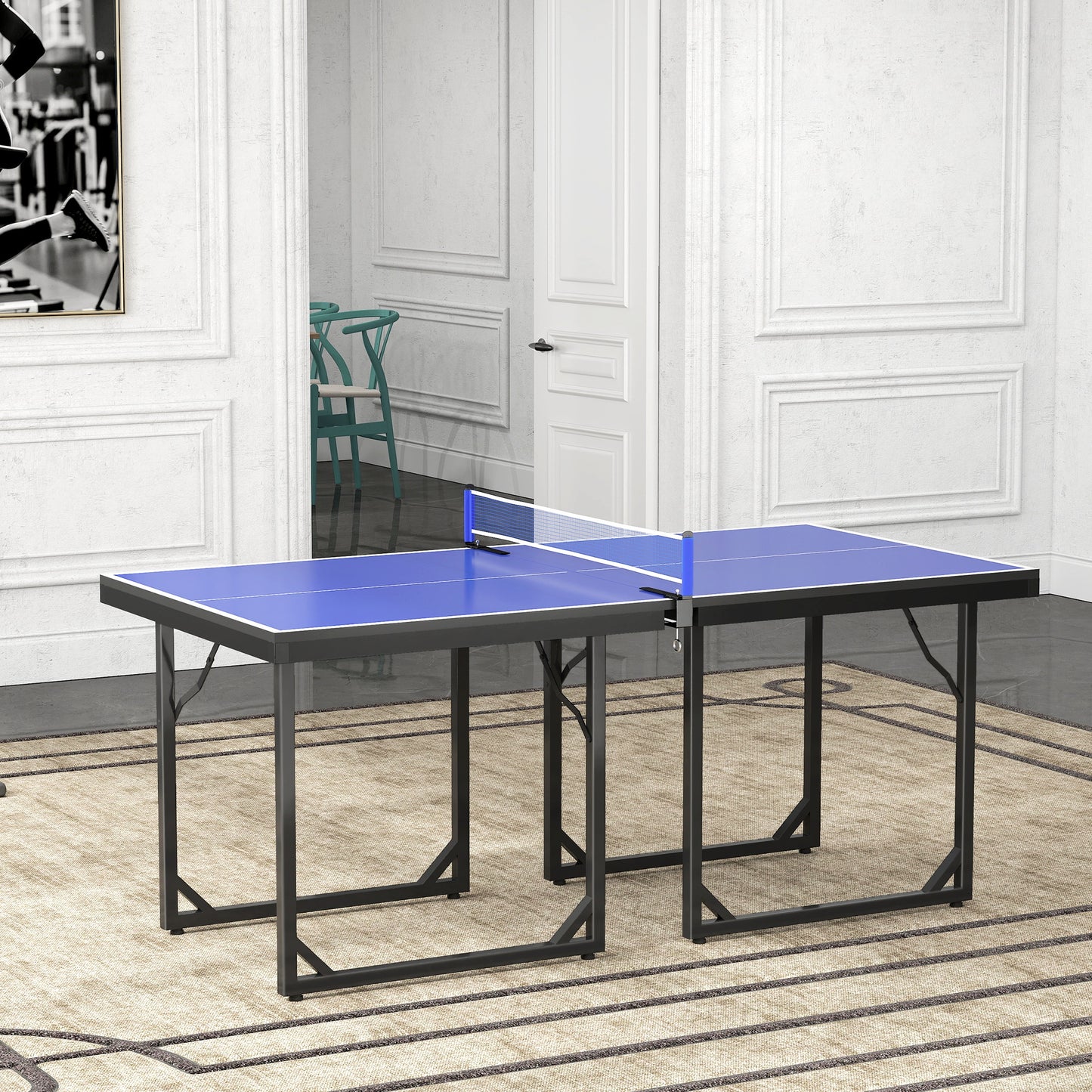 Soozier 6x3ft Compact Midsize Table Tennis Table Multi-Use Family Ping-pong Table Free Standing Folding Blue