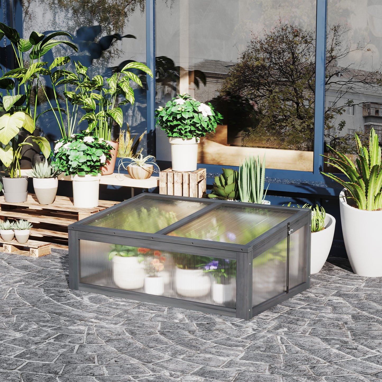 Outsunny 39" x 26" x 16" Wooden Cold Frame with Openable and Tilted Top Cover, Small Polycarbonate Planter Box for Flowers, Vegetables, Plants, Brown