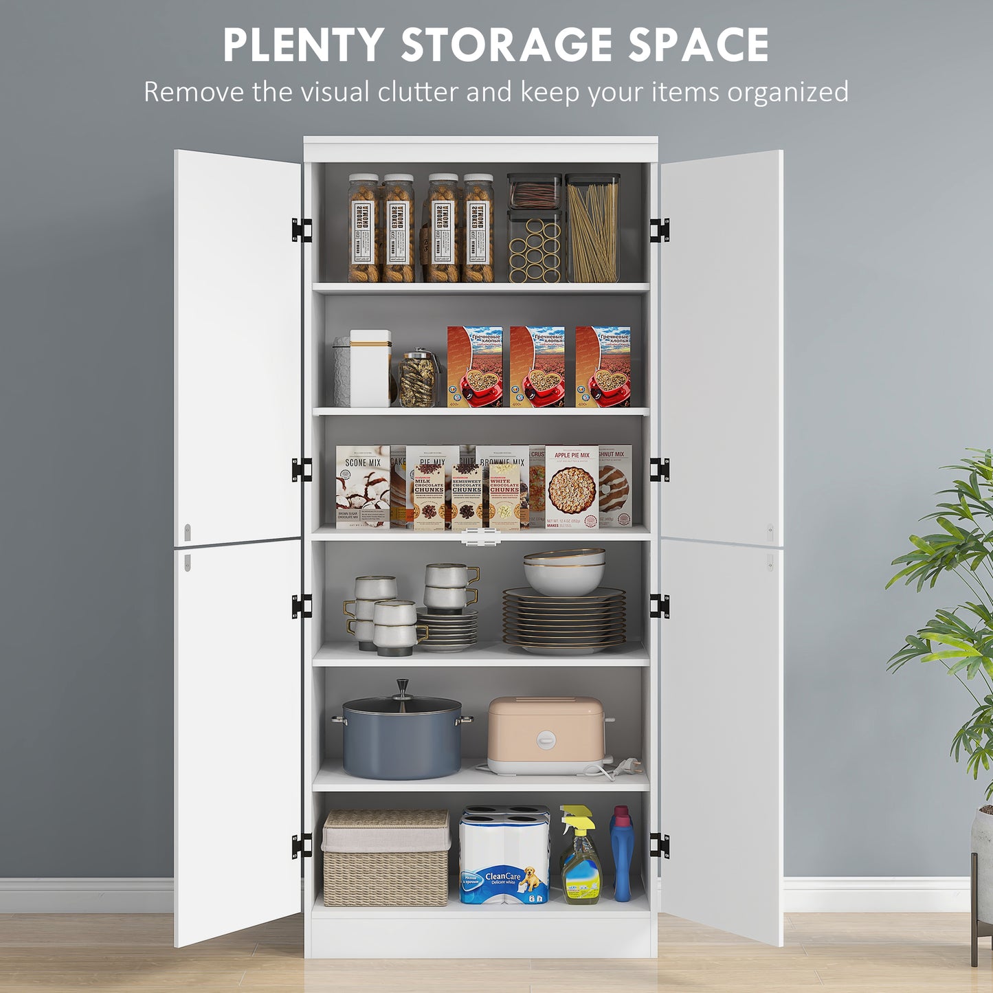 HOMCOM 70" 4-Door Storage Cabinet, Freestanding Pantry Cabinet with Adjustable Shelves for Living Room, Natural