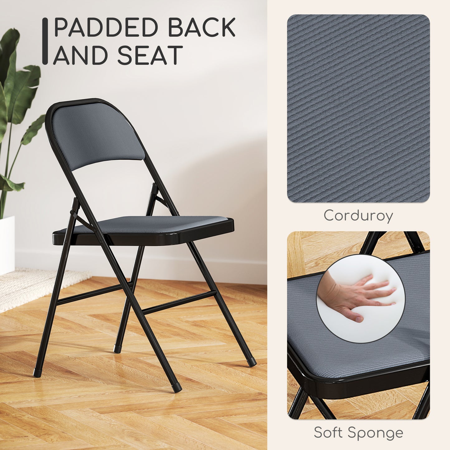 HOMCOM Set of 6 Metal Foldable Chairs, Linen Padded Folding Chairs with Cushion Seat and Open Back for Indoor, Black