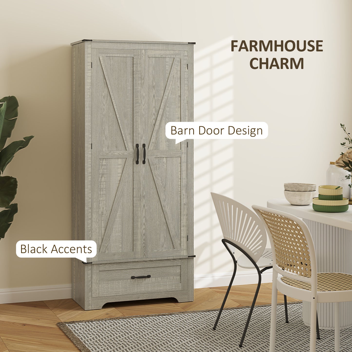 HOMCOM 72" Farmhouse Pantry Cabinet with Adjustable Shelves, Kitchen Pantry Cabinet with 2 Doors, Distressed Light Grey