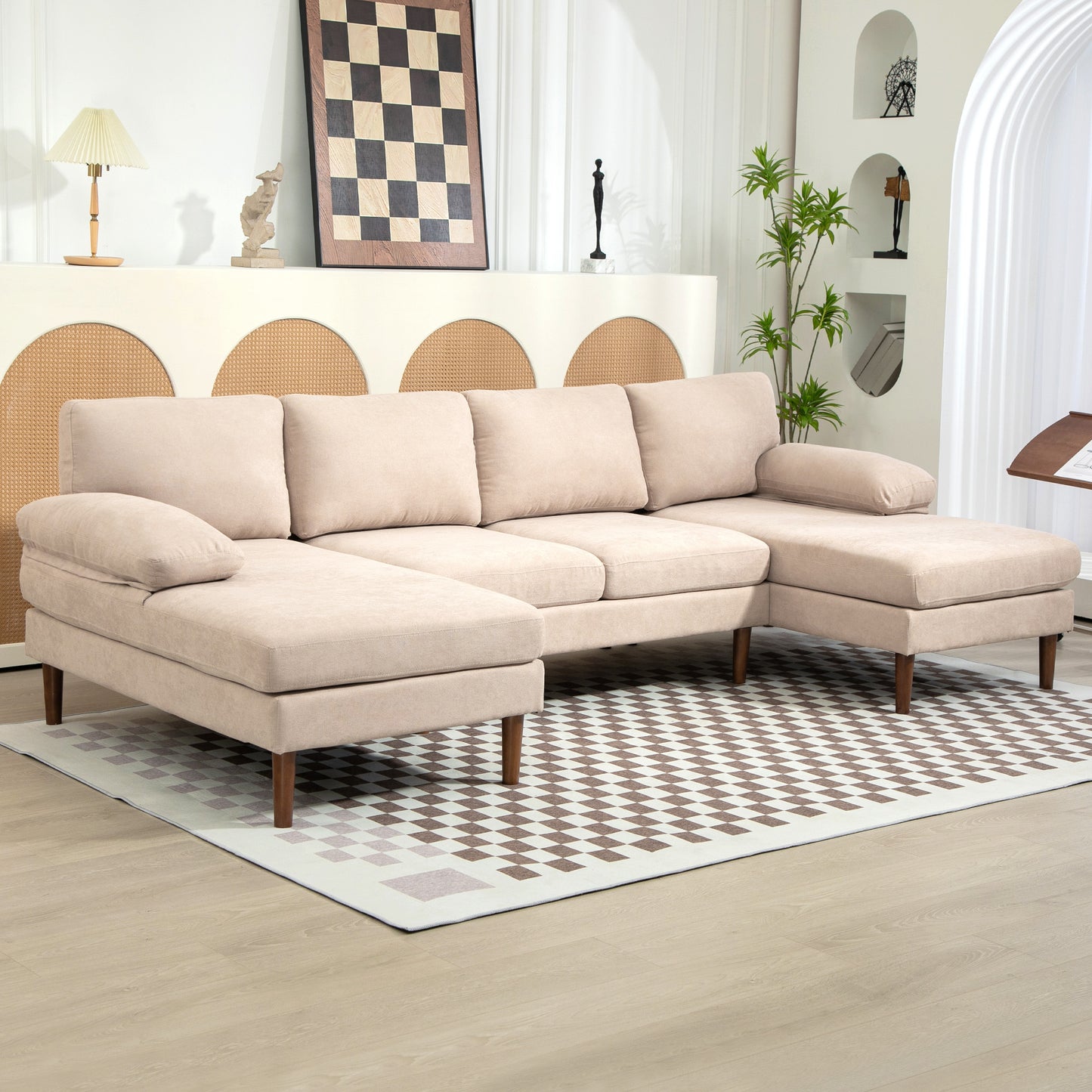 HOMCOM U Shape Couch with Double Chaise Lounge, Modern 4 Seater Sofa with Wooden Legs, Fabric Sofa for Living Room, Dark Grey