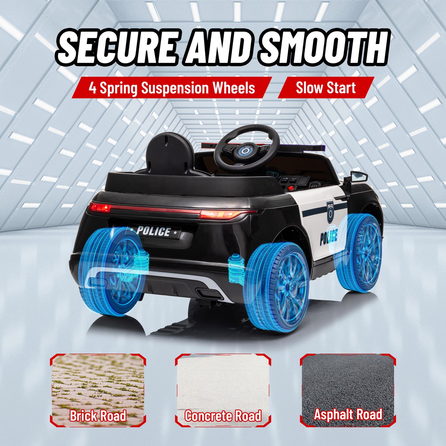 Qaba 12V Kids Electric Police Car w/ Remote Control, Spring Suspension, Transport Wheel, Siren, Music, Light, Horn, Black