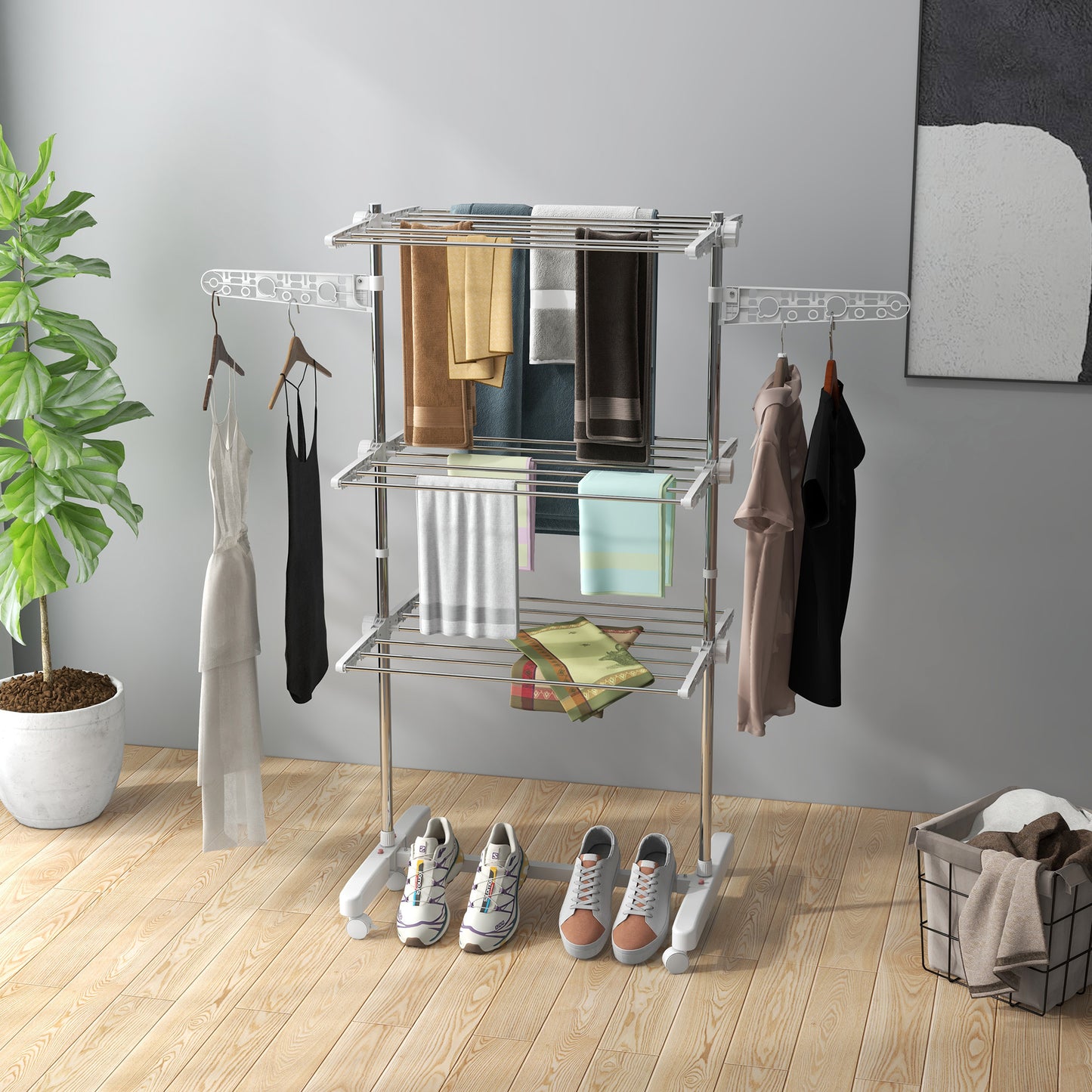HOMCOM 3-Tier Foldable Clothes Drying Rack, Stainless Steel Laundry Rack with 2 Side Wings and 6 Castors, Collapsible Adjustable Clothes Airer for Indoor Outdoor, White