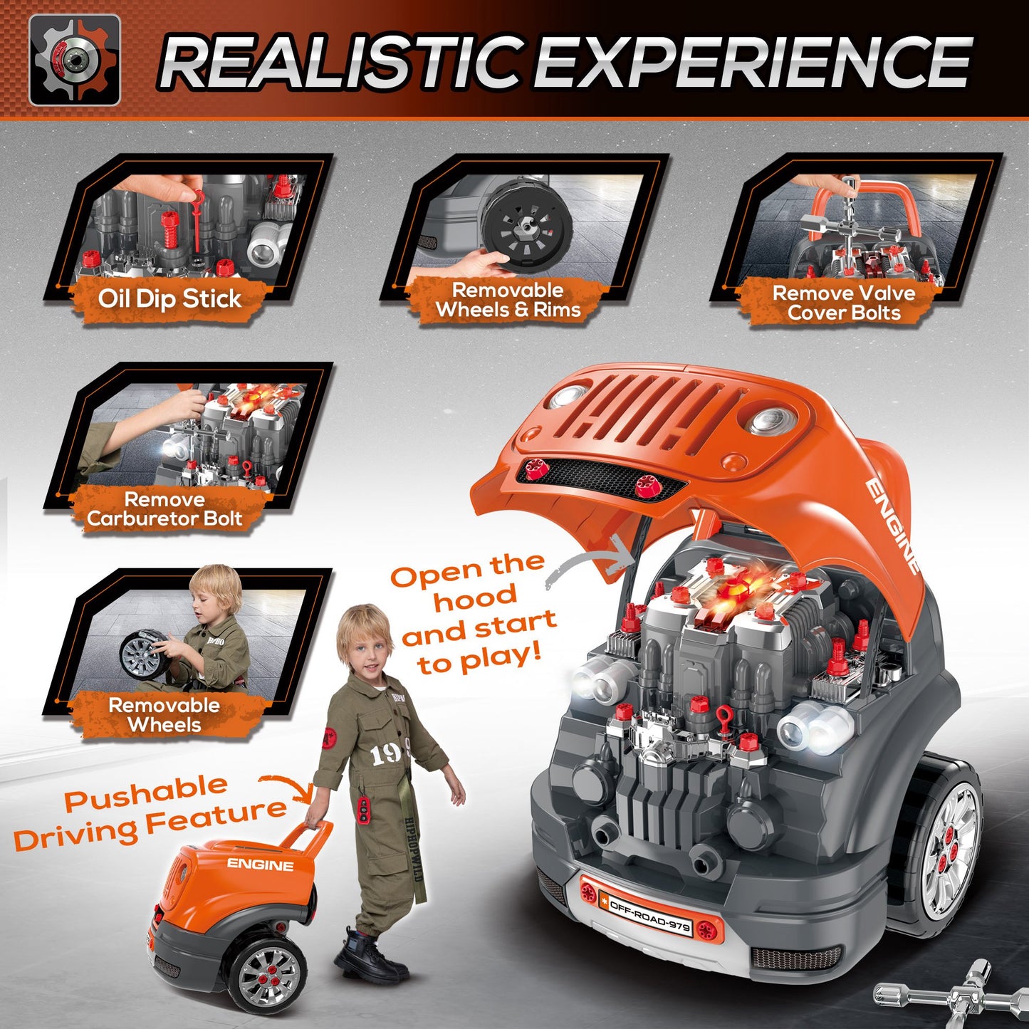 Qaba Kids Truck Engine Toys for Boys Girls 3 4 5 Years Old, Toddlers Construction Educational Repair Car Tool Set with Light and Sound, Orange