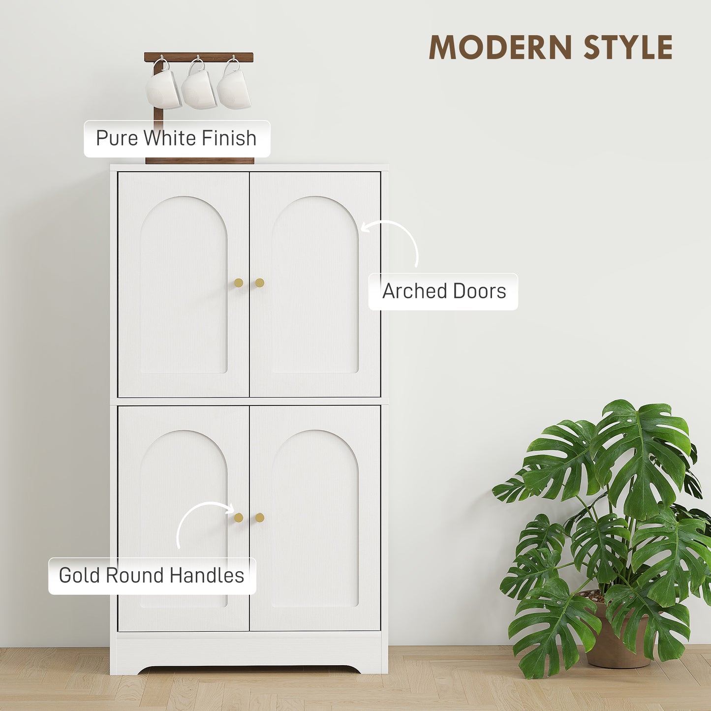 HOMCOM 43" Kitchen Pantry Cabinet, Freestanding Modern Storage Cabinet with 4 Arched Doors and 2 Adjustable Shelves, White