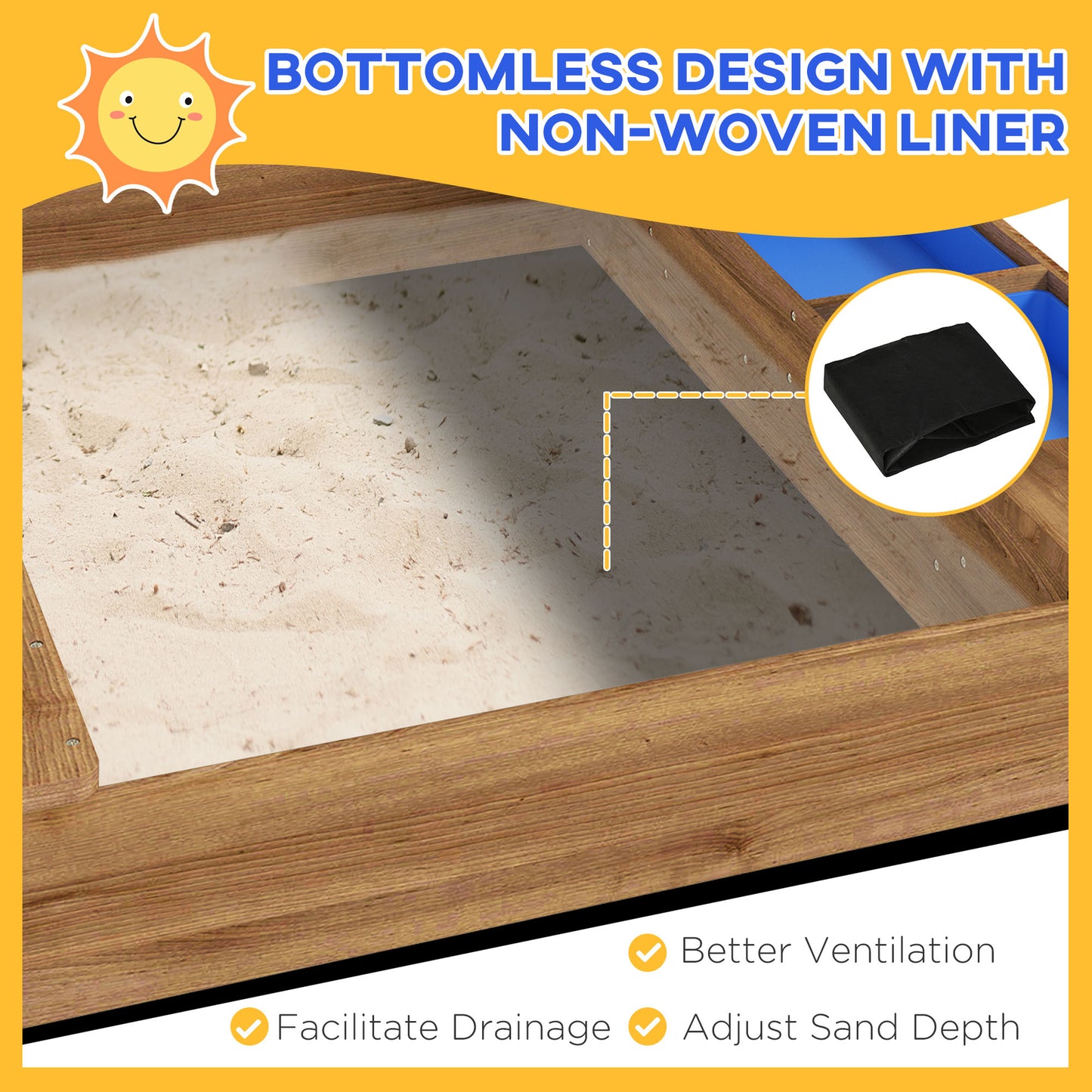 Outsunny Outdoor Wooden Sandbox with Cover for 3-7 Years Old, Backyard, Brown