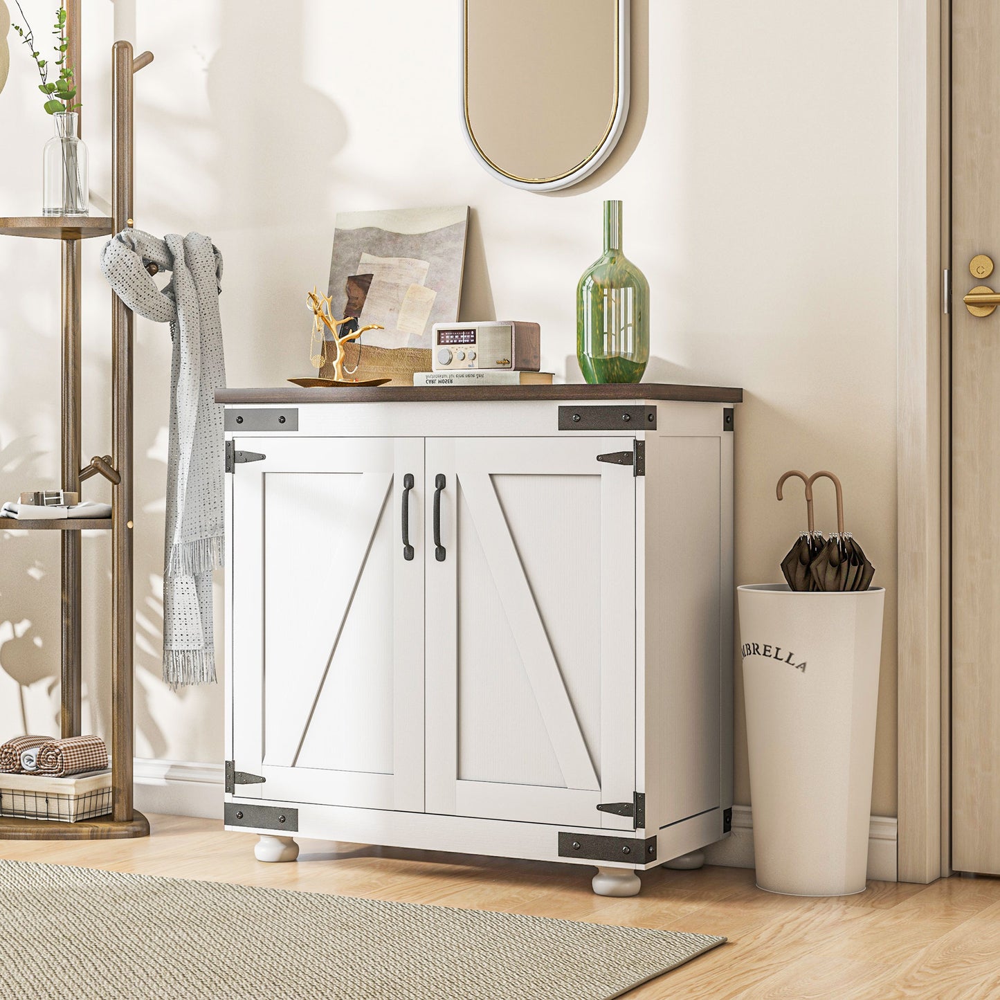 HOMCOM Sideboard Buffet, Kitchen Storage Cabinet with Barn Door and Adjustable Shelves, White and Brown
