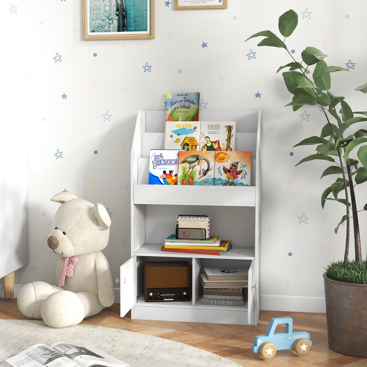 Qaba Toy Storage Organizer Shelf, Kids Bookshelf for Bedroom, Playroom, Nursery, White