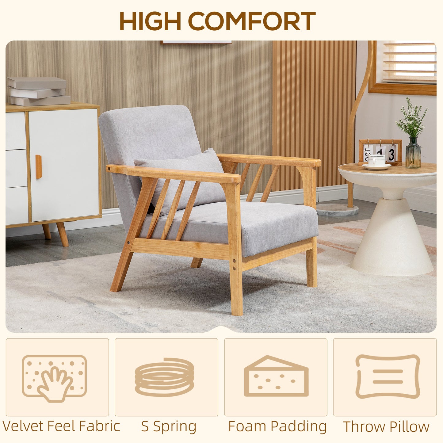 HOMCOM Armchair Upholstered Lounge Chair with Rubber Wood Frame Throw Pillows and Comfortable Cushion, White