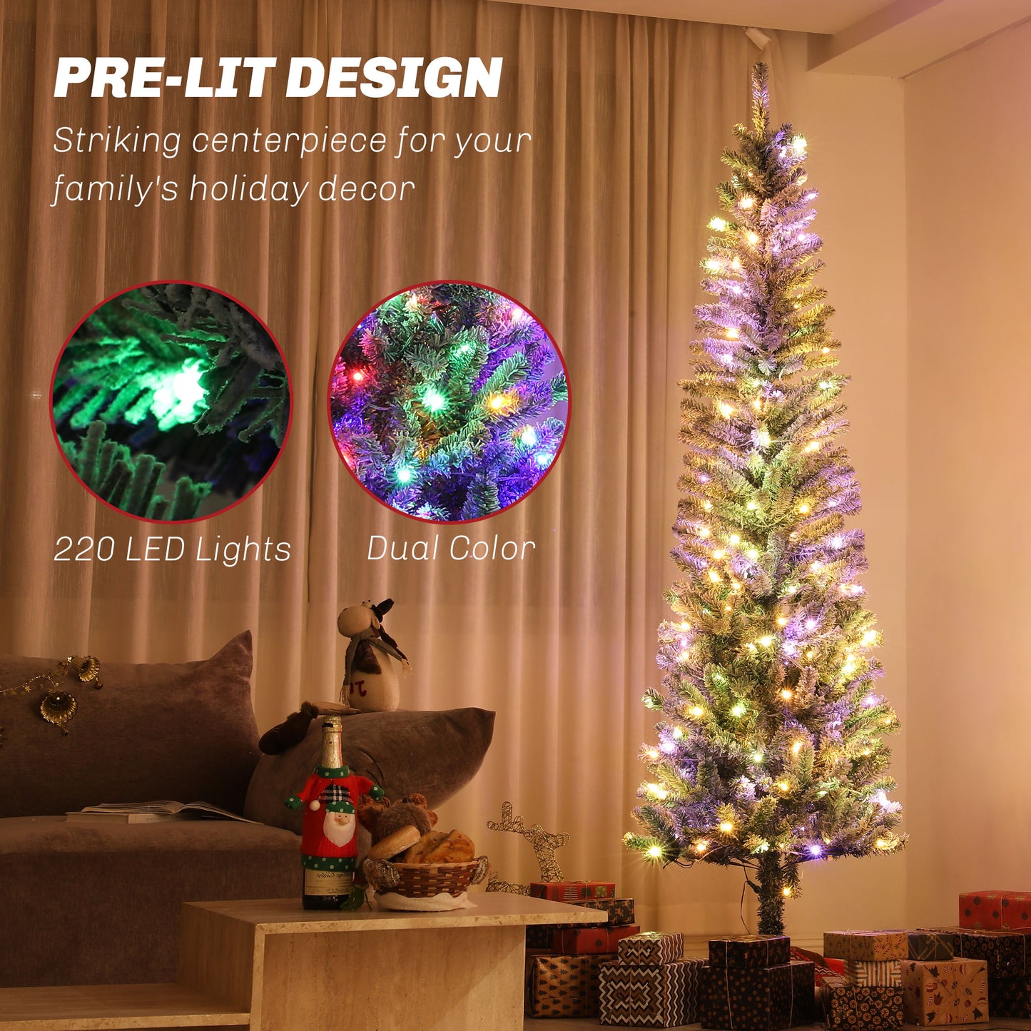 HOMCOM 9ft Prelit Pencil Artificial Christmas Tree, Flocked Xmas Tree with Remote, Dual Colour LEDs, 895 Tips, Metal Stand