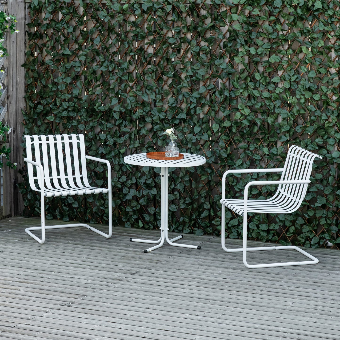 Outsunny 3 Pieces Patio Bistro Set, Metal Frame Garden Coffee Table Set with 2 Chairs & Round Table for Outdoor Yard Porch Poolside Balcony, White
