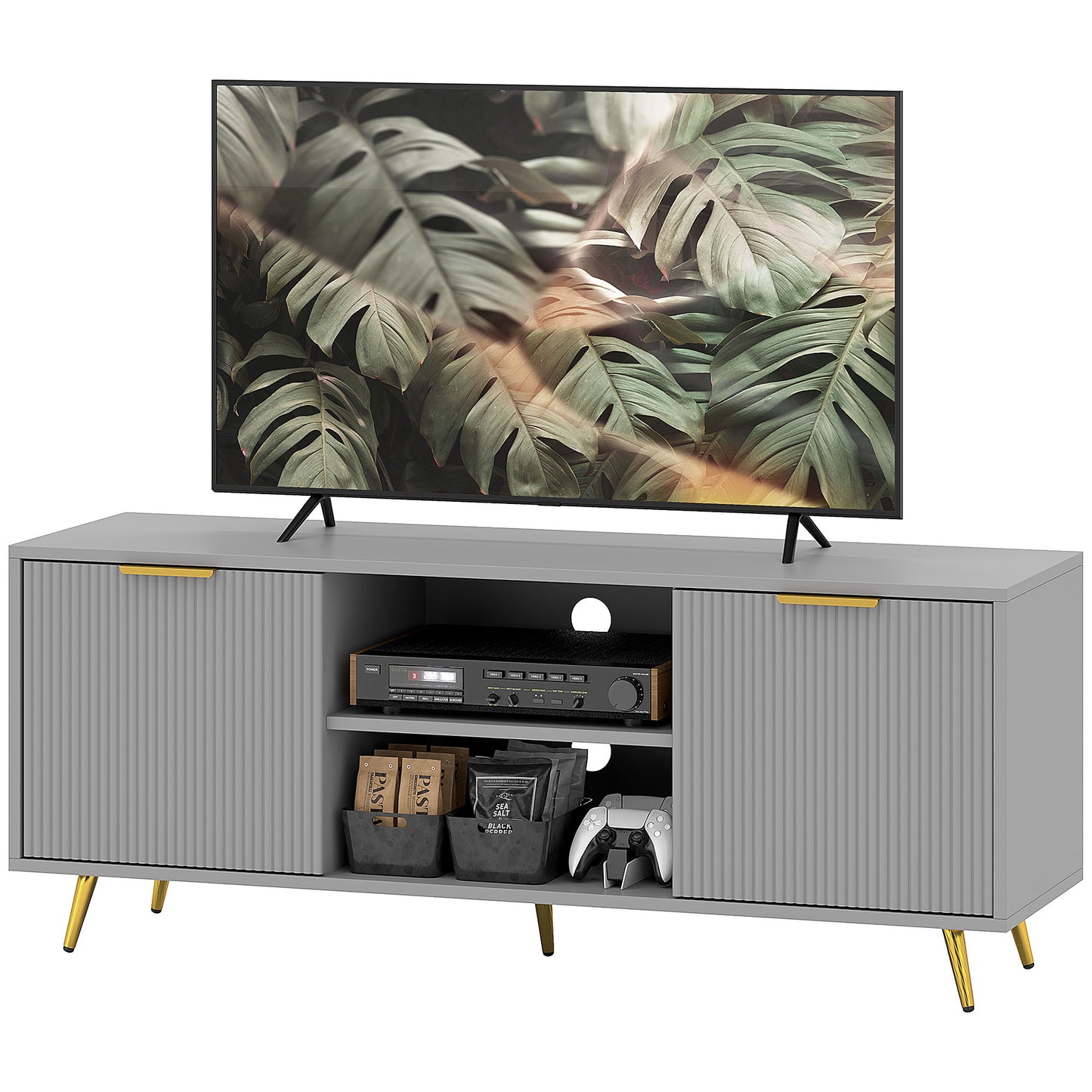 HOMCOM TV Stand with Storage for 55 Inch TV, Modern TV Cabinet with 2 Open Shelves and 2 Cabinets for Living Room, White