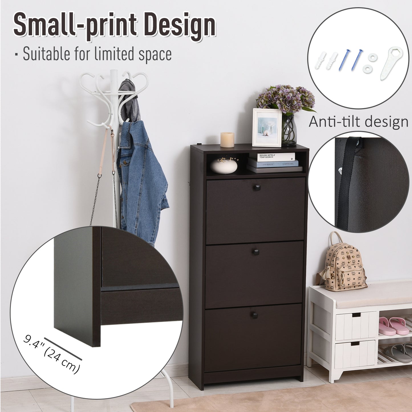 HOMCOM Slim Shoe Storage with 3 Flip Drawers and Adjustable Shelves Shoe Cabinet Organizer for 9 Pair, Coffee