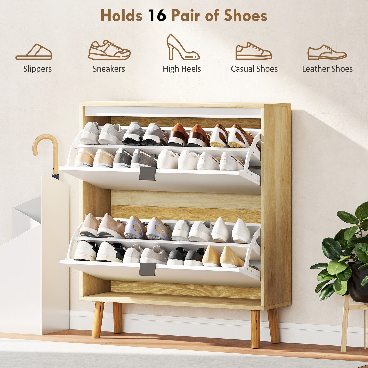 HOMCOM Narrow Shoe Cabinet, High Gloss Shoe Storage Cabinet with 4 Flip Drawers and Adjustable Shelves, Holds 20 Pairs, White
