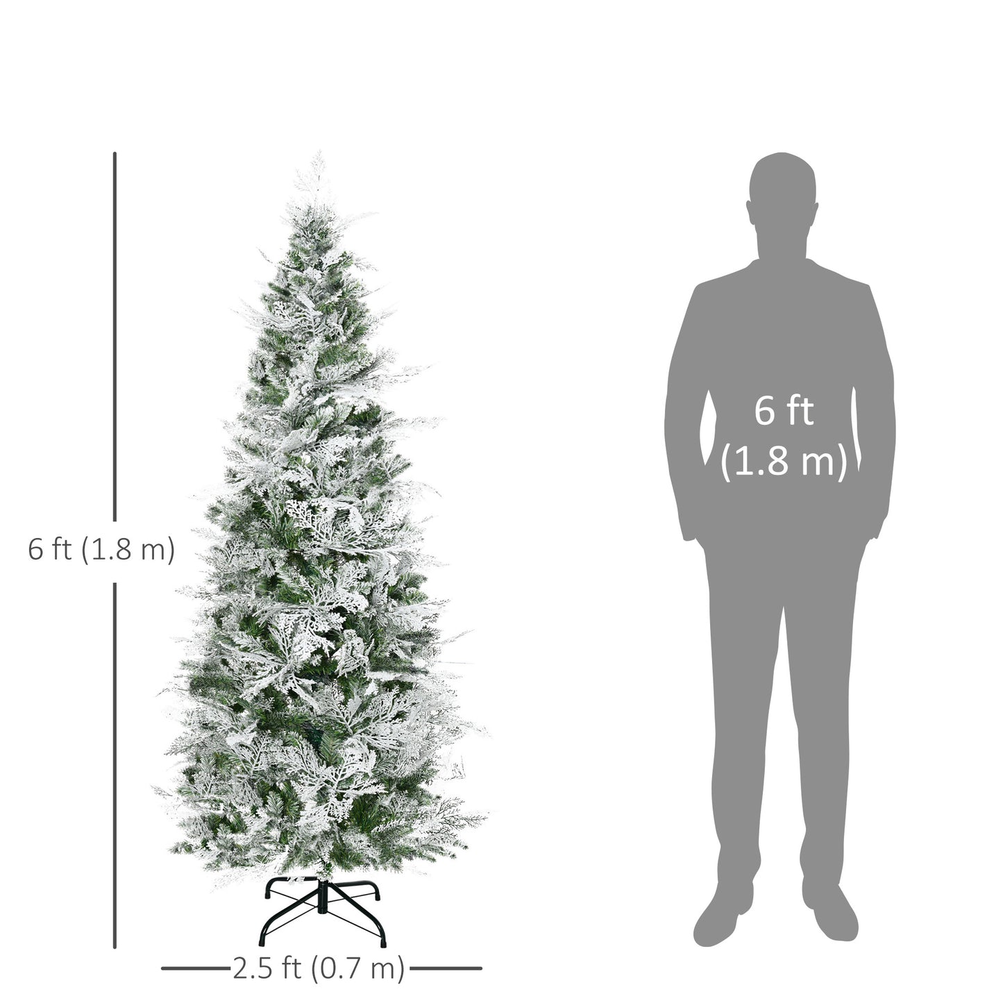 HOMCOM 7.5 Feet Pencil Snow Flocked Artificial Christmas Tree with 880 Realistic Cypress Branches, Auto Open, Green