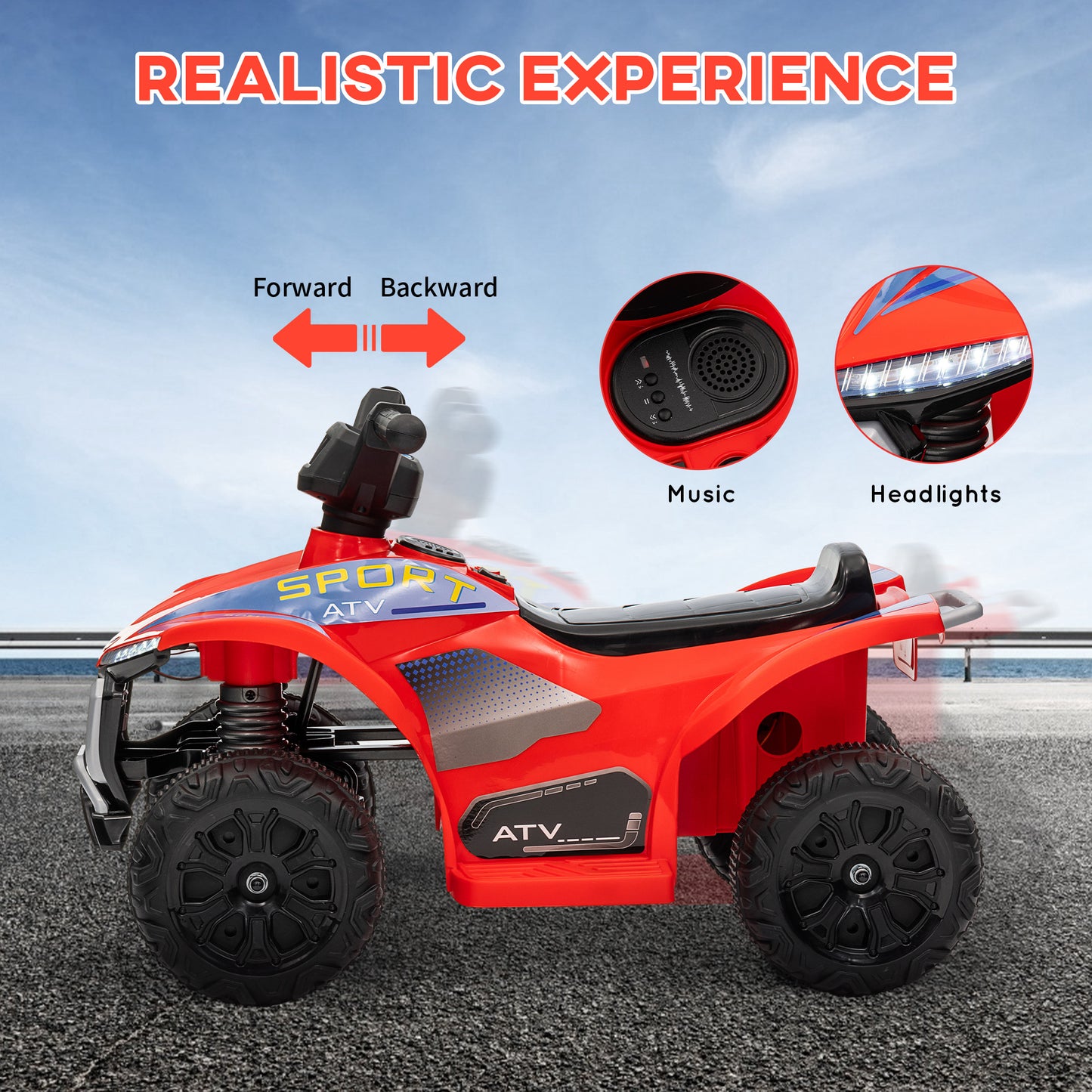 Qaba Kids ATV, 6V Battery Powered Electric Vehicle with Headlights, Music, Forward/Reverse Switch for 18-36 Months, Black