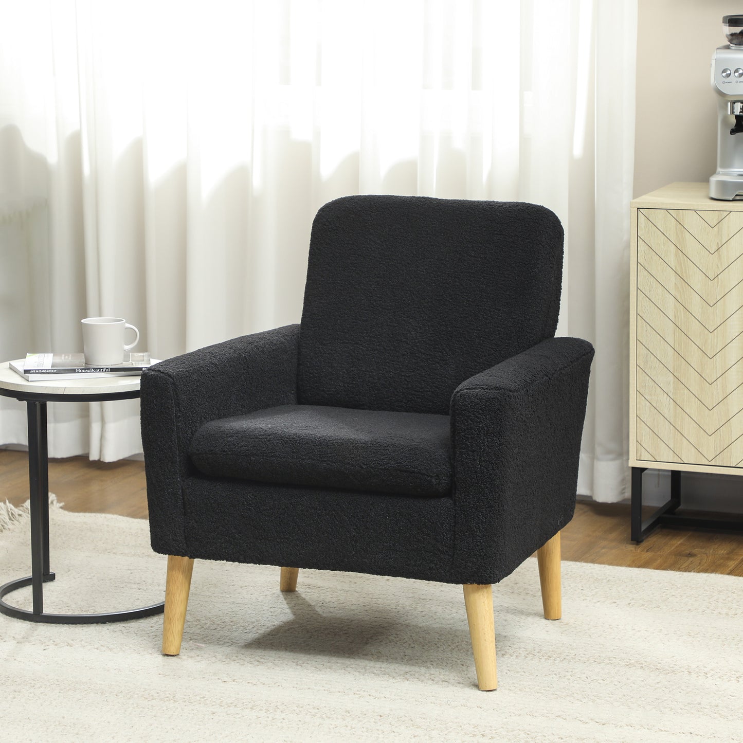 HOMCOM Fabric Accent Chair, Modern Upholstered Armchair with Wood Legs and Wide Padded Seat, Cream White