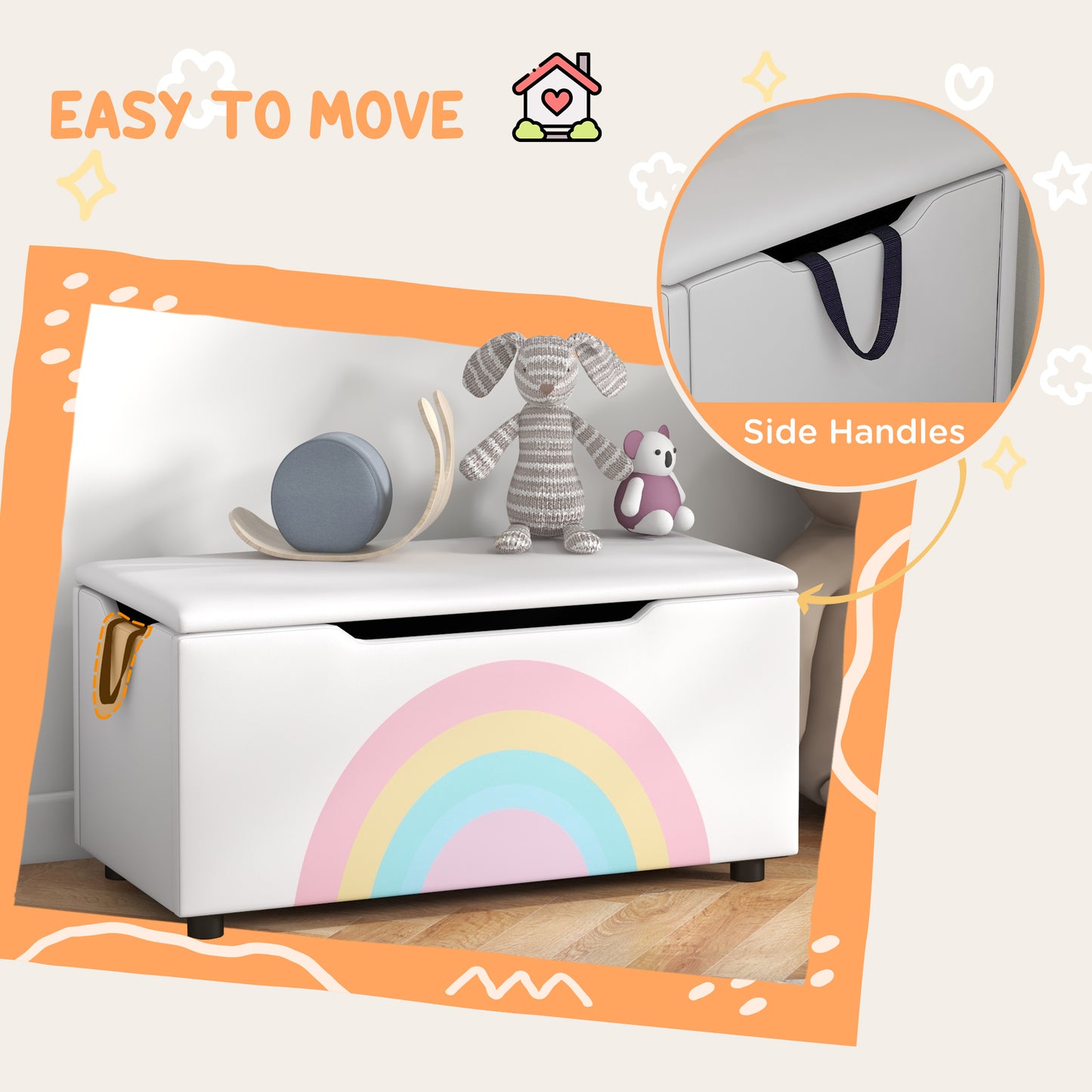Qaba Toy Chest, Kids Toy Bench Box, Lightweight Storage Bench with Lid and Side Handles, for Nursery Room Playroom Bedroom, Gift for 3-8 Years Old, White