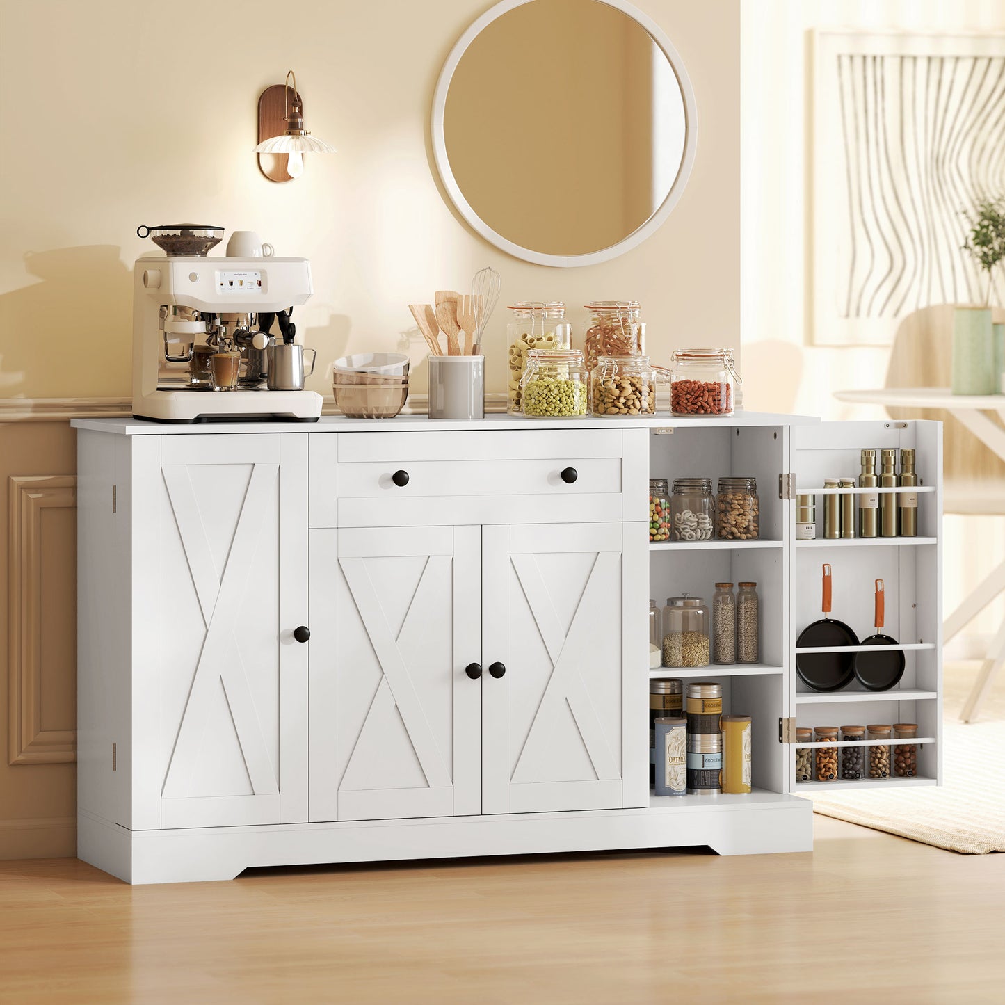 HOMCOM Sideboard Buffet Cabinet, Farmhouse Coffee Bar Cabinet with Door Shelves, Adjustable Shelves, Drawer, Barn Doors, White