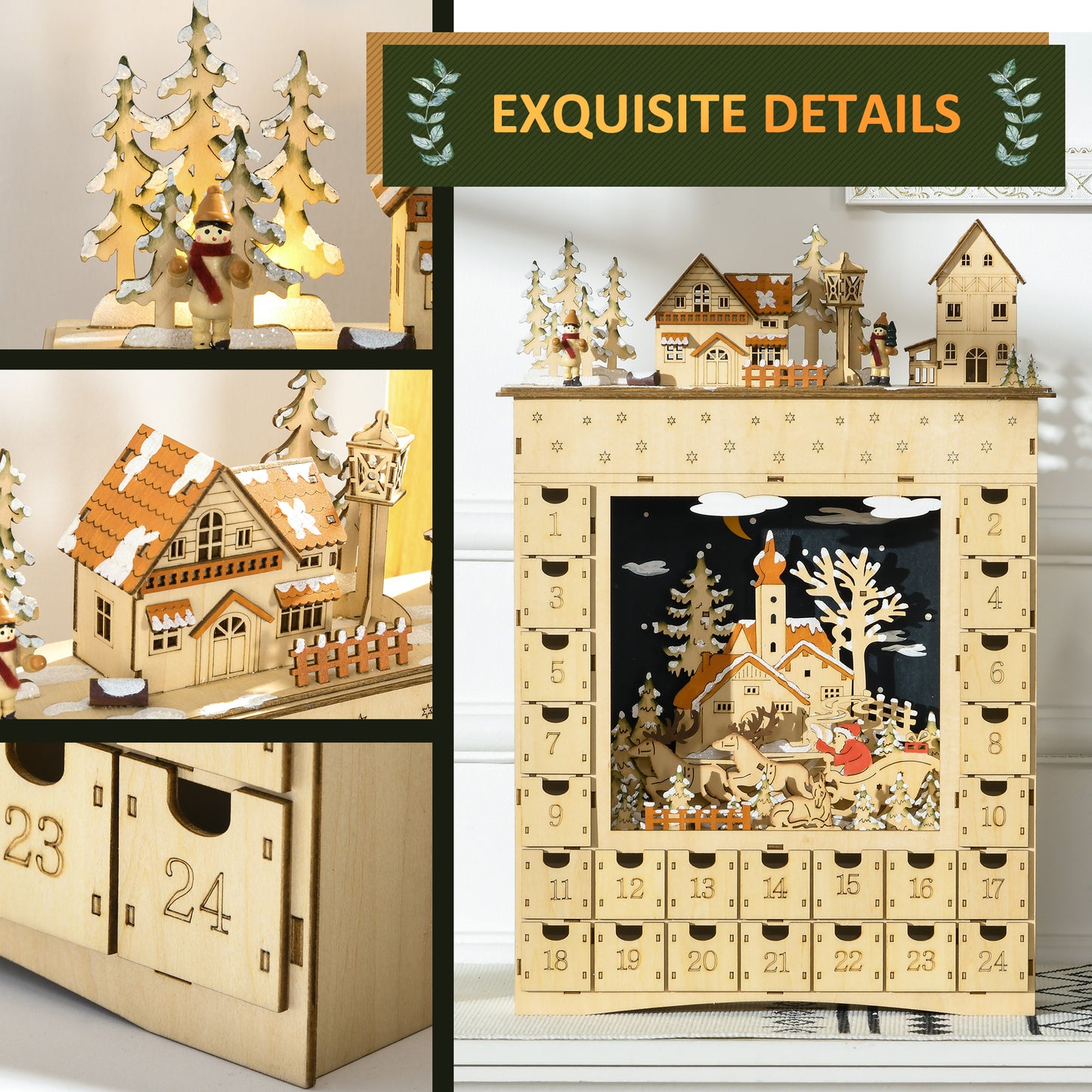 HOMCOM Wooden Christmas Advent Calendar, Lighted 24 Days Xmas Calendar House, Christmas Table Decoration with Countdown Drawers, Bible Characters, Battery Operated, Natural