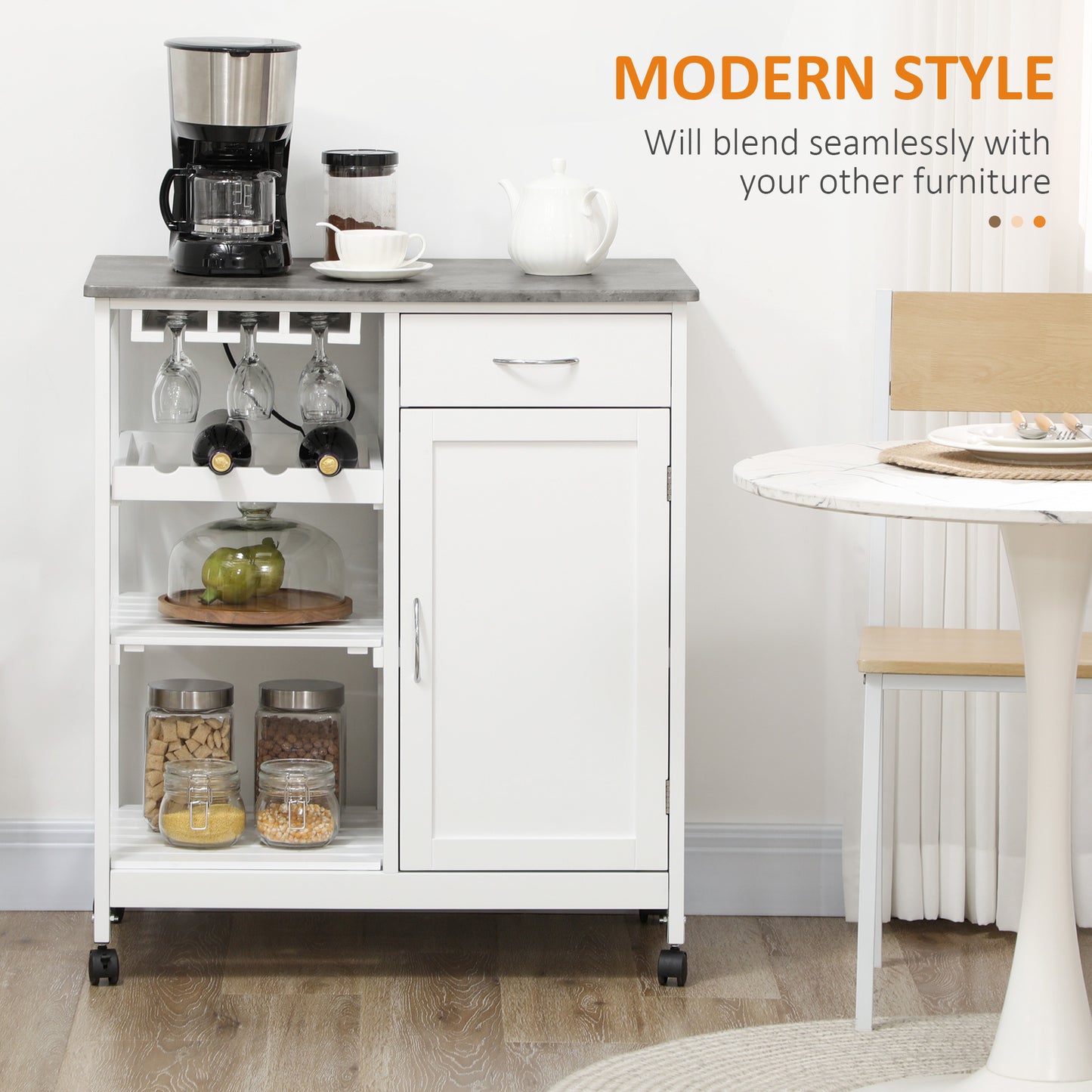 HOMCOM Rolling Kitchen Cart, Bar Cart on Wheels with Wine Rack, Drawer, Open Shelves, Cabinet and Faux Marble Top, Kitchen Island with Storage, White
