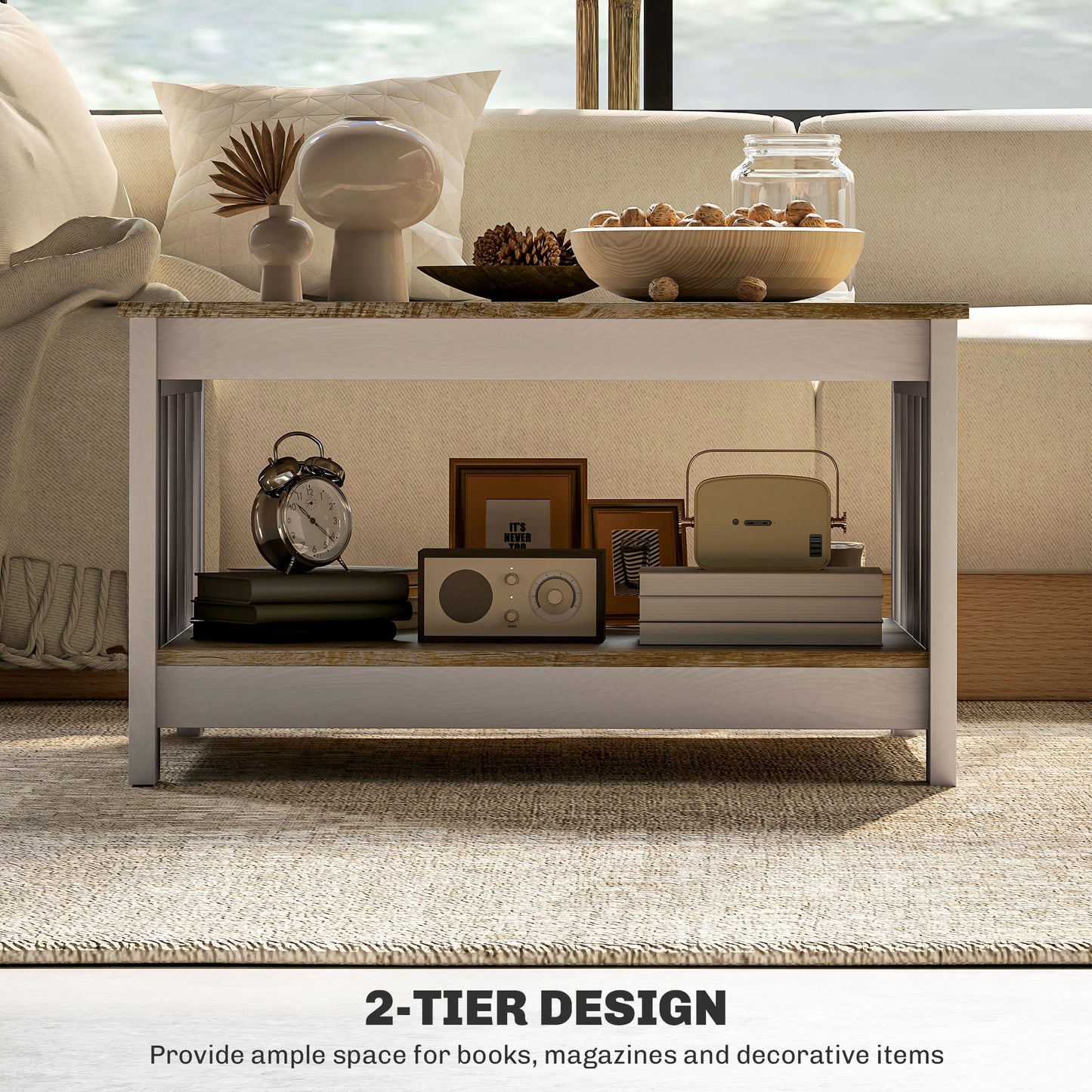 HOMCOM 31.5" Square Coffee Table, Farmhouse 2-Tier Center Table for Living Room, Distressed Oak and Brown