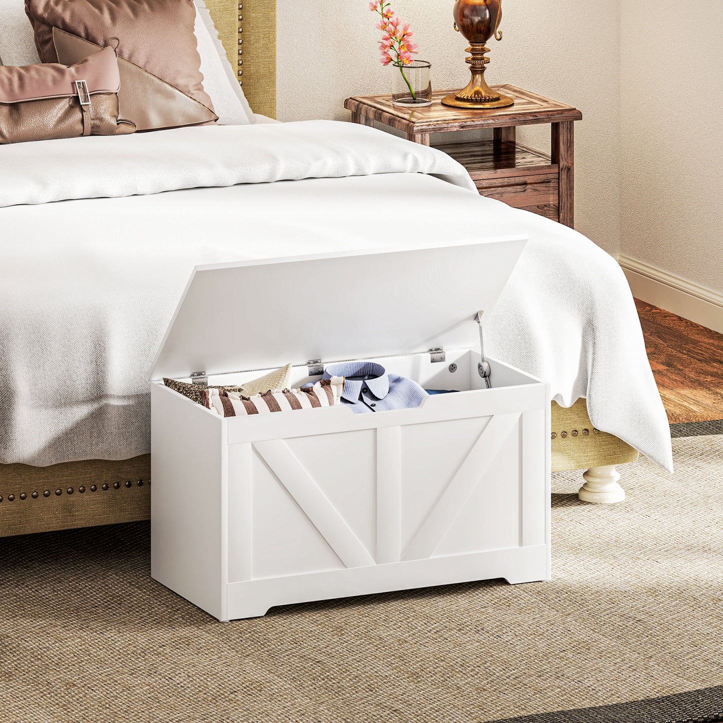 HOMCOM 31.5 Inches Storage Chest, Storage Trunk with 2 Safety Hinges, Wooden Box for Living Room, Black Wood Grain