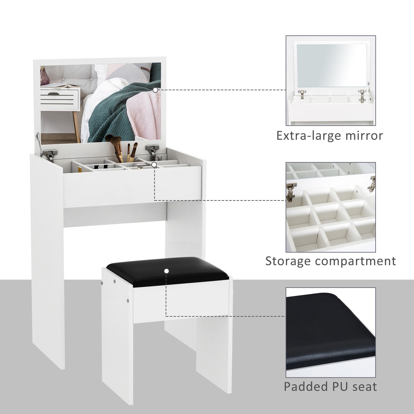 HOMCOM Modern Vanity Set with Makeup Table and Cushioned Stool, Dressing Table with Flip Top and Mirror for Bedroom, White