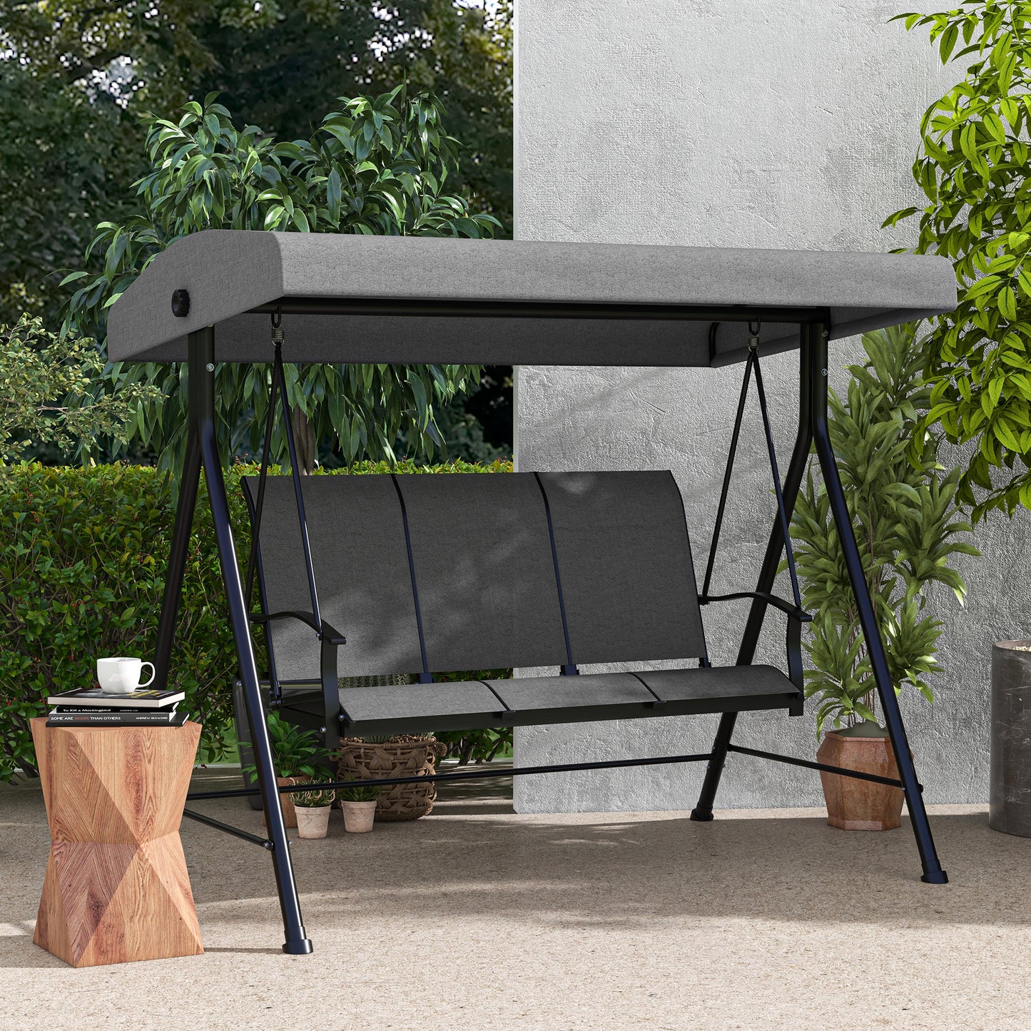 Outsunny Patio Swing Chair, 3 Person Convertible Hammock, Outdoor Swing Lounge Bed, Cushioned with Tilt Canopy, Dark Grey