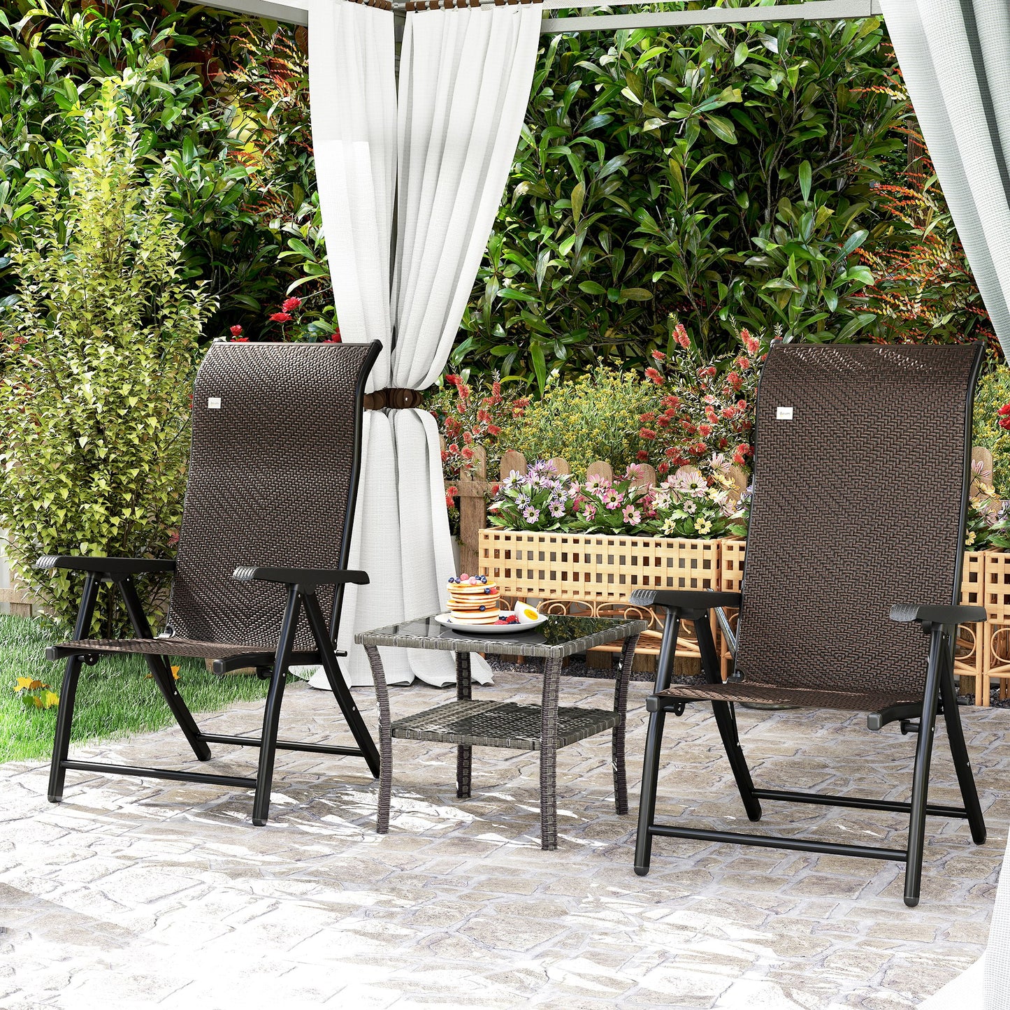 Outsunny 2PCs Outdoor Wicker Folding Chairs with Adjustable Backrest, Grey